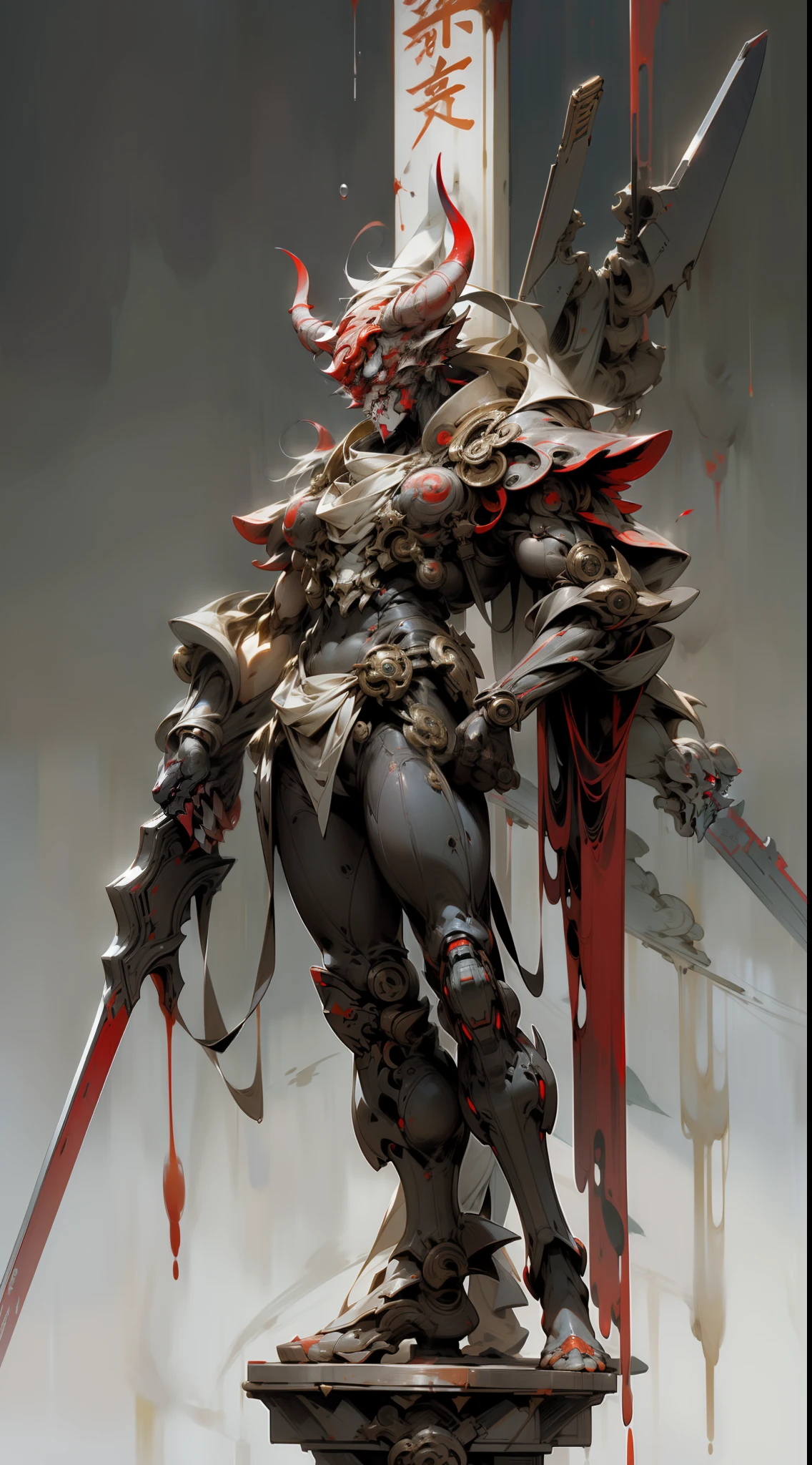 Blood、hopelessness、Ultra-precise Ghost in the Shell mover、Blood tears、Blood droplets、Doomsday、Full body like、Niō Standing、(High laughter)、Top image quality、With defect site、Giant Weapons、((Background of being in a high place in the complex))、Elaborately crafted demon mask、