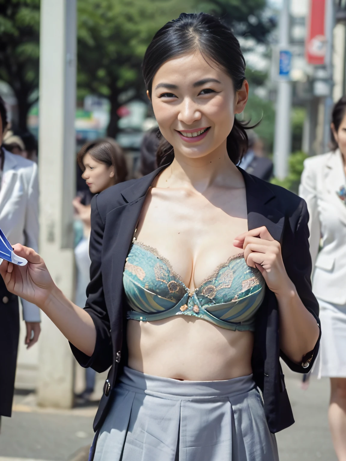 ((top-quality、8K分辨率、Master masterpiece、Portrait:1.3)), Photorealsitic, tissue, 35㎜ film,((A MILF_femele:1.2)), 1 Japan Woman, Beautie, 45 yers old,((Hair pulled back))、Wrinkles at the corners of the eyes, slender((OL_Business suits_Navel tight skirt:1.5))((No bra:1.5))((lare breasts:1.2))((standing nipple:1.2))((areolae slip:1.2))、Small breasts、blush、Seductive smile、naughty expression、Heavy breathing、Outdoor photography_On the streets of the city、(((Accurate garments))),(((Detailed))),during daytime