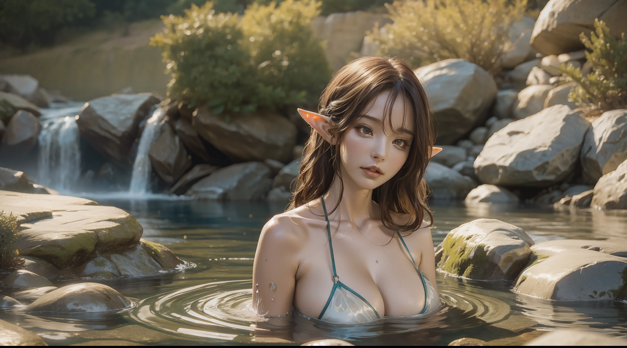 Female elf，Large breasts，Drenched hair，The background is a hot spring，Lazy expression