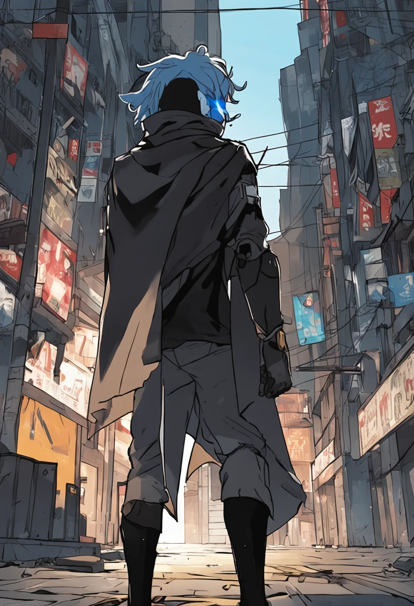 a 15-year-old man with blue hair and black eyes, wears a black superhero outfit similar to a spy uniform with a tattered yellow cape, an aura of shadows appears behind him, his back on top of a building and is watching a city in ruins, anime, novel cover