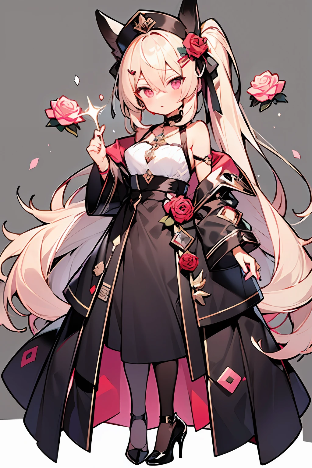 ((masutepiece, Best Quality)), maidennurse, Standing Full Body Main View、blondehair, double ponytails, Pink eyes, Bangs between the eyes、Black rabbit ears, Black white and rose red clothes, clothing style: Dress, Rose hair ornament、Pink Rose, Crystal Pendant, Black High Heels, White stockings