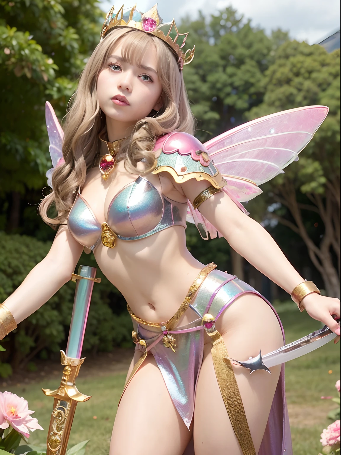 (masutepiece), Professional , ​masterpiece、top-quality、photos realistic , depth of fields （Gemstone Silver Metal Body:1.９),(Matte Pink、Jewel Gold Weapon、（Gorgeous castle background）、（ultimate beauty girl）、（Iridescent fairy wings grow on the back）、（Jewel Metal Body:1.９),Gorgeous Jewel Metal Weapons , Detailed Sword of the Brave ,（ a blond）   ,warhammer 40k , adepta sororitas,Detail and ornate jewel crown、独奏、Brown hair、（Gangle's forest background）、Beautiful Caucasian beauty、１a person、dynamic ungle,(((Diamond tiara with detail and luxury)))、a small face、Graceful pose、（Gorgeous castle background）、huge filesize、20 year old beautiful woman、Stand in the center of the screen、Thin female fingers、Straight long hair、Beautiful Caucasian beauty、Valley、Hair is the wind、