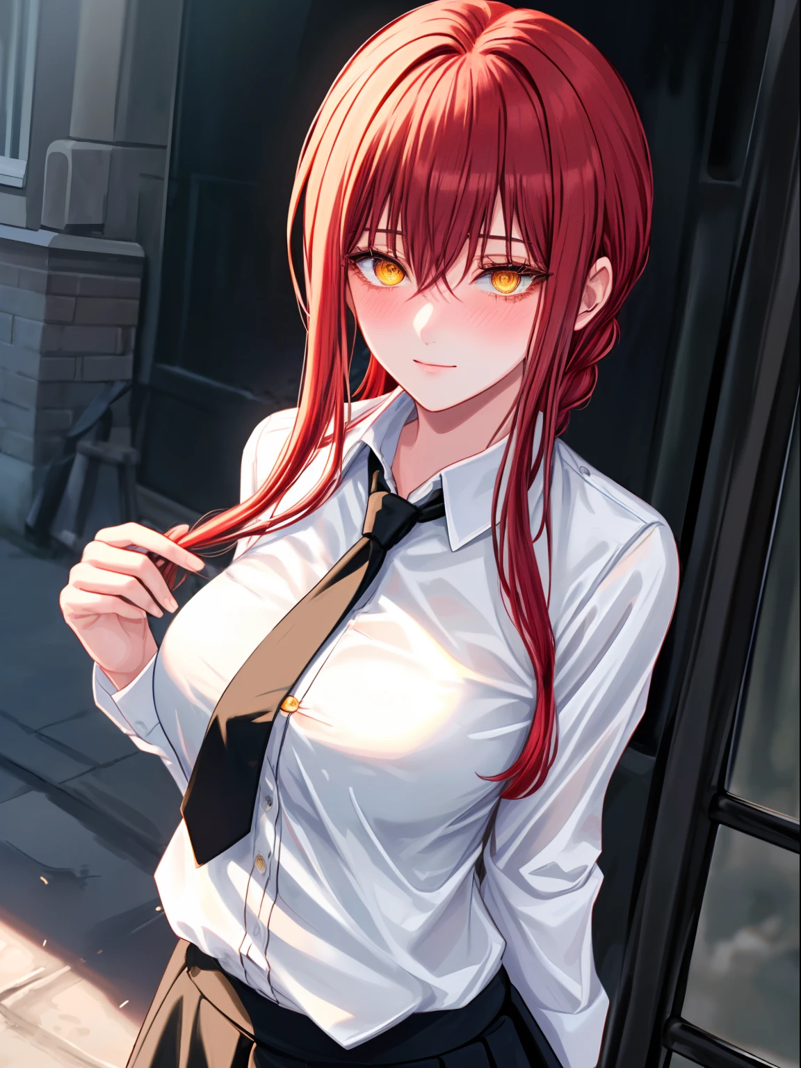 1girl, (((MAKIMA\))), makima from chainsaw man, long tied red hair, silky hair, white shirt, black long tie, black skirt, sharp eyes, attractive eyes, blush, yellow eye with multiple red ring, ((Masterpiece)), best quality, high resolution, ultra 8k, illustrational shadows, detailed body, outdoor