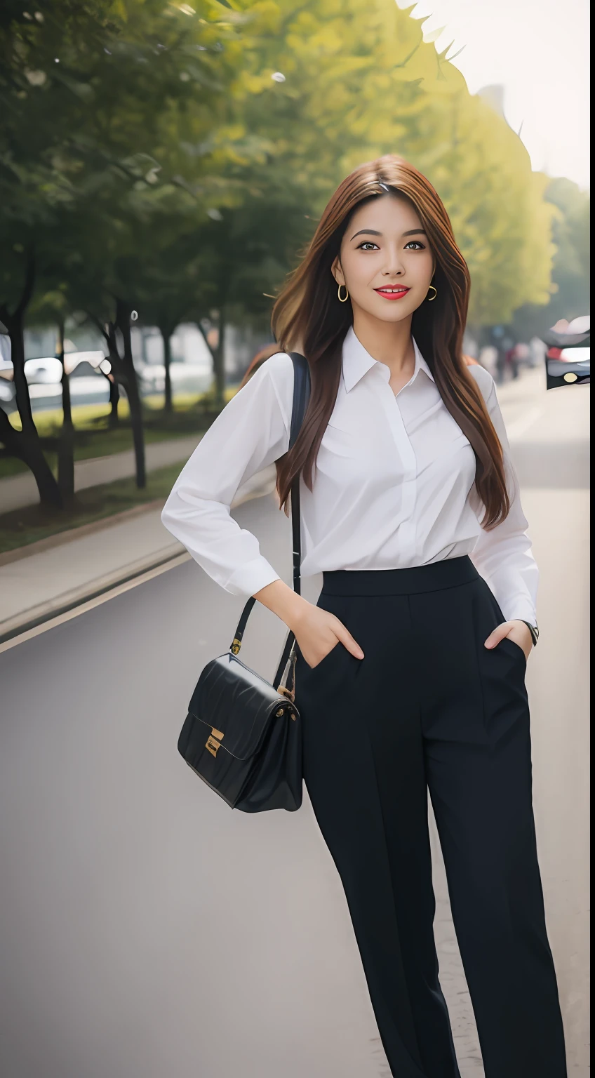 ((best qualtiy, 8K, tmasterpiece:1.3))，tmasterpiece，seductiv，Suits，ssmile，stewardess，Full body photo，Brown hair long，park in background，beauty breast，The shirt，tiese，trousers（A 20-year-old girl），（fully body photo），（high-heels），High-definition facial features，8K，二重まぶた，Exquisite facial features，详细的脸