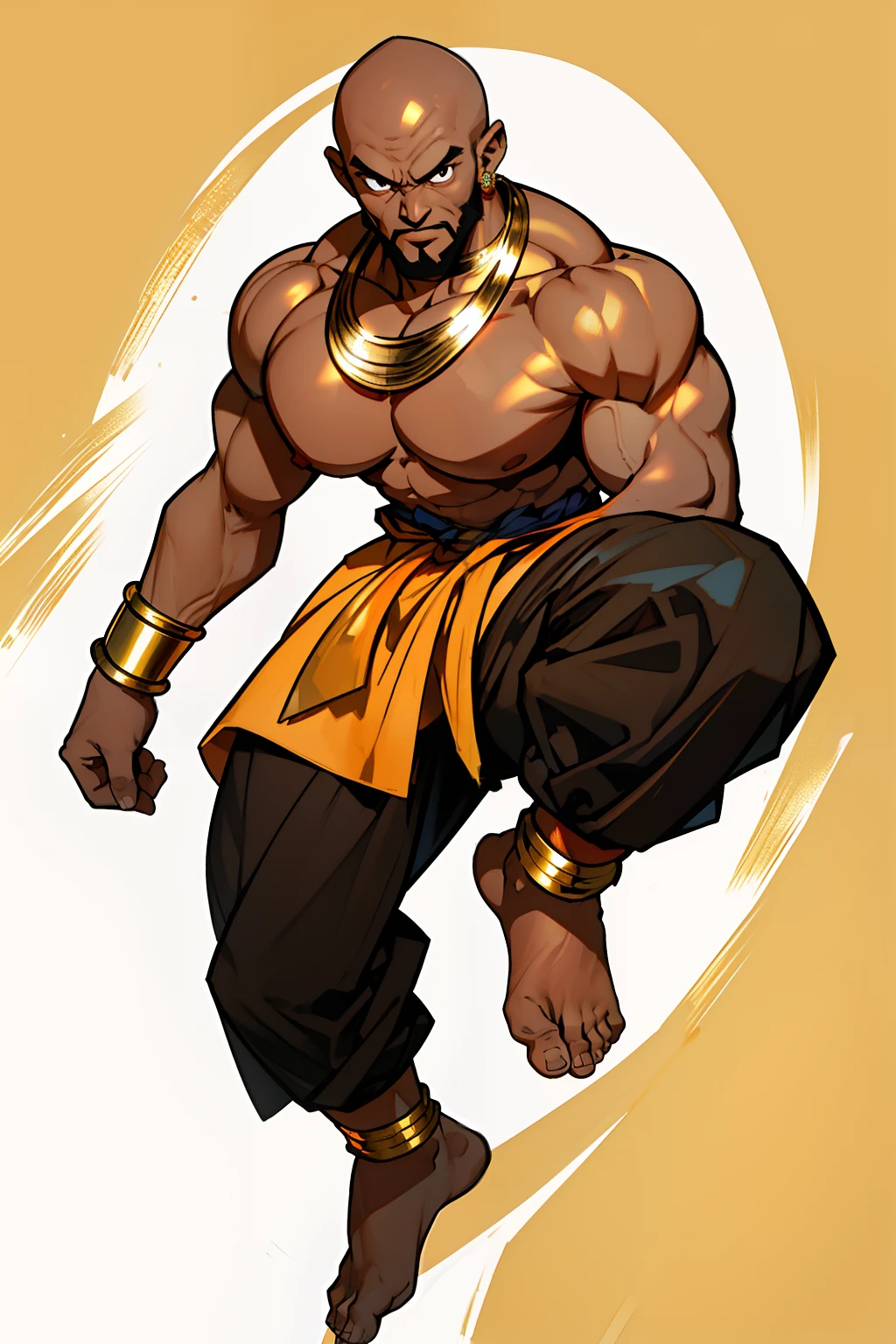 Khmer-African man, bald, beard, full body to toes and feet, topless, dark brown chocolate black skin, street fighter, random boxing pose, wearing golden large earrings, golden bracelet, golden ankle bracelet, golden large collar necklace, wearing white underwear,  khmer style, white background,