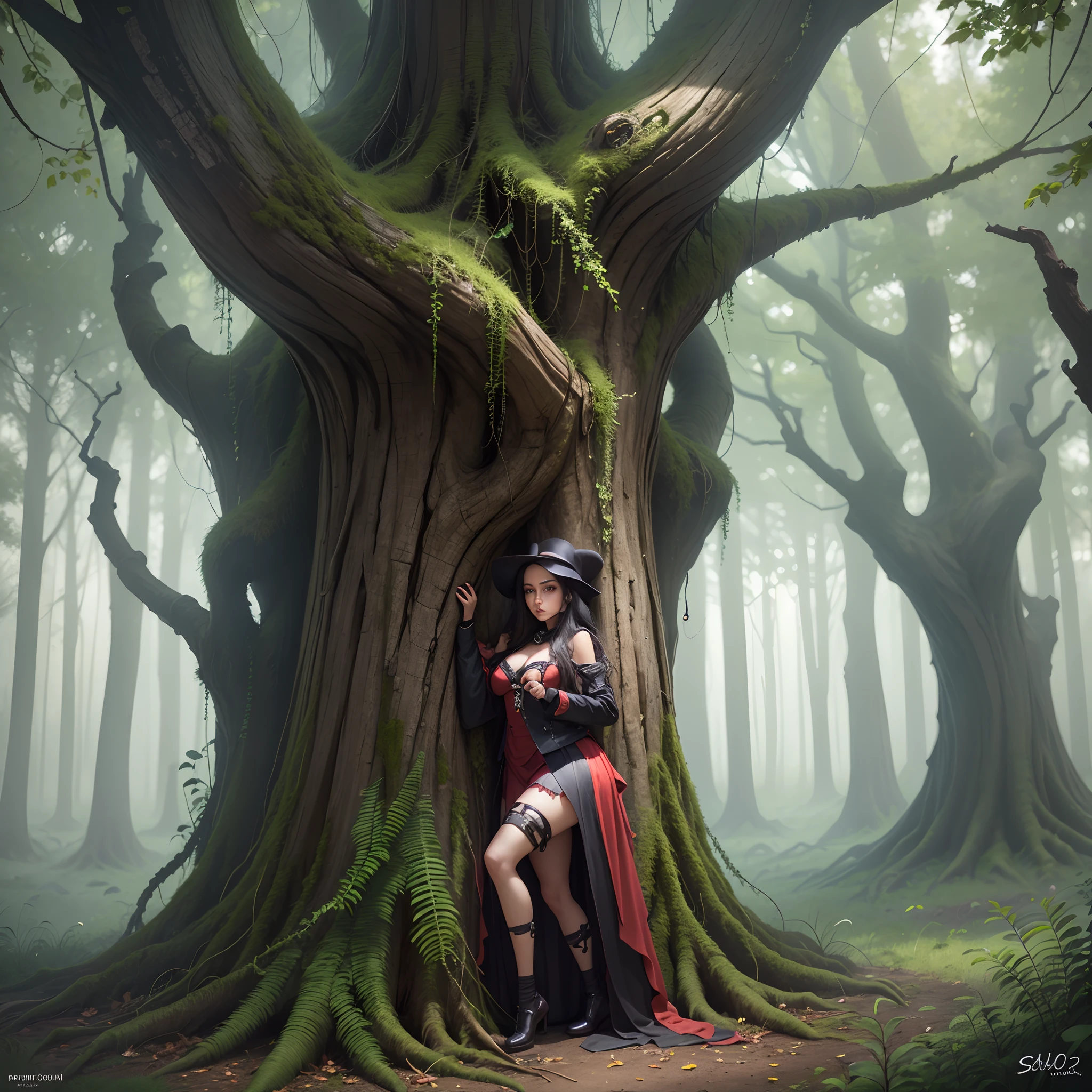 ((highest quality)), ((masterpiece)), (be familiar with), Inside the fantastic sea of trees、(Scenery in a dark forest with autumn leaves:1.5) , (Layer depth, parallax effect, soft focus foreground, Landscapes depicted:1.3), (The ground is covered with tree roots and fallen leaves.:1.4)、(steam:1.2)、like a movie, (erect penis growing out of the ground:1.3), NSFW, penis, (Close-up of a beautiful hand extending to the penis:1.4)、(Accurate hand and finger depiction)、(beautiful nails)、(Red and black manicure)、