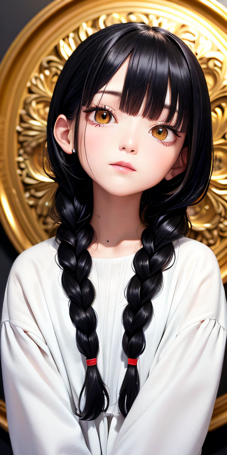 best quality, masterpiece,black hair, gold eyes,white clothes, looking up, upper body,hair strand,Fair skin,side braids