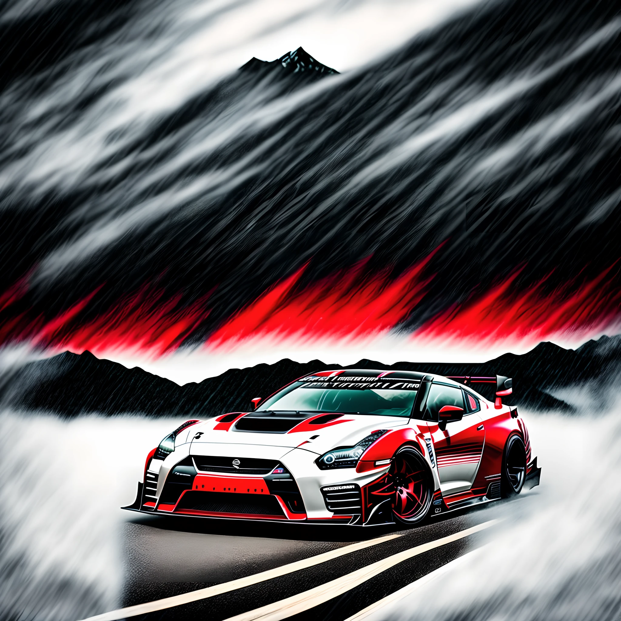 Nissan GTR Nismo Drift, black in color,There are red stripes on the sides,With scarlet accents,Black chrome wheels,With carbon airfoil,Stop on the highway in the mountains, Camera Pro Horizon, rainy days, Cloudy, With spokes