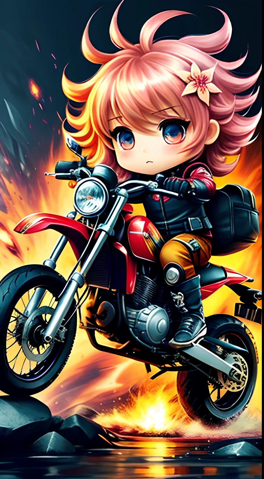 motorcycle,flower,character,Chibi,real,art, explosion,
yang08k, photography, beautiful,  colorful,realistic,
masterpieces, top quality, best quality, official art, beautiful and aesthetic,