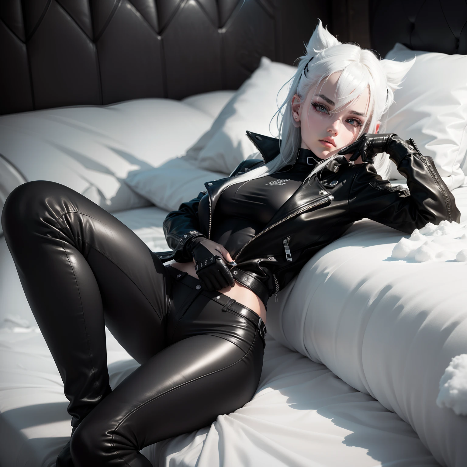 A girl with black and white hair,Wear a black skinny leather jacket with futuristic elements,Delicate face and uneven figure,Snow-whiteskin,lying on one's side on bed
