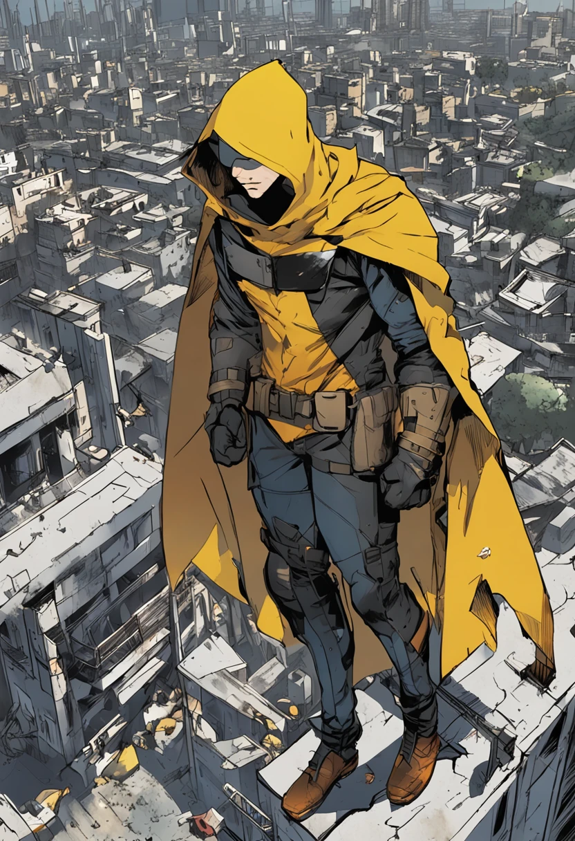 a 15-year-old man with blue hair and black eyes, wears a black superhero outfit similar to a spy uniform with a tattered yellow cape, an aura of shadows appears behind him, his back on top of a building and is watching a city in ruins, anime, novel cover