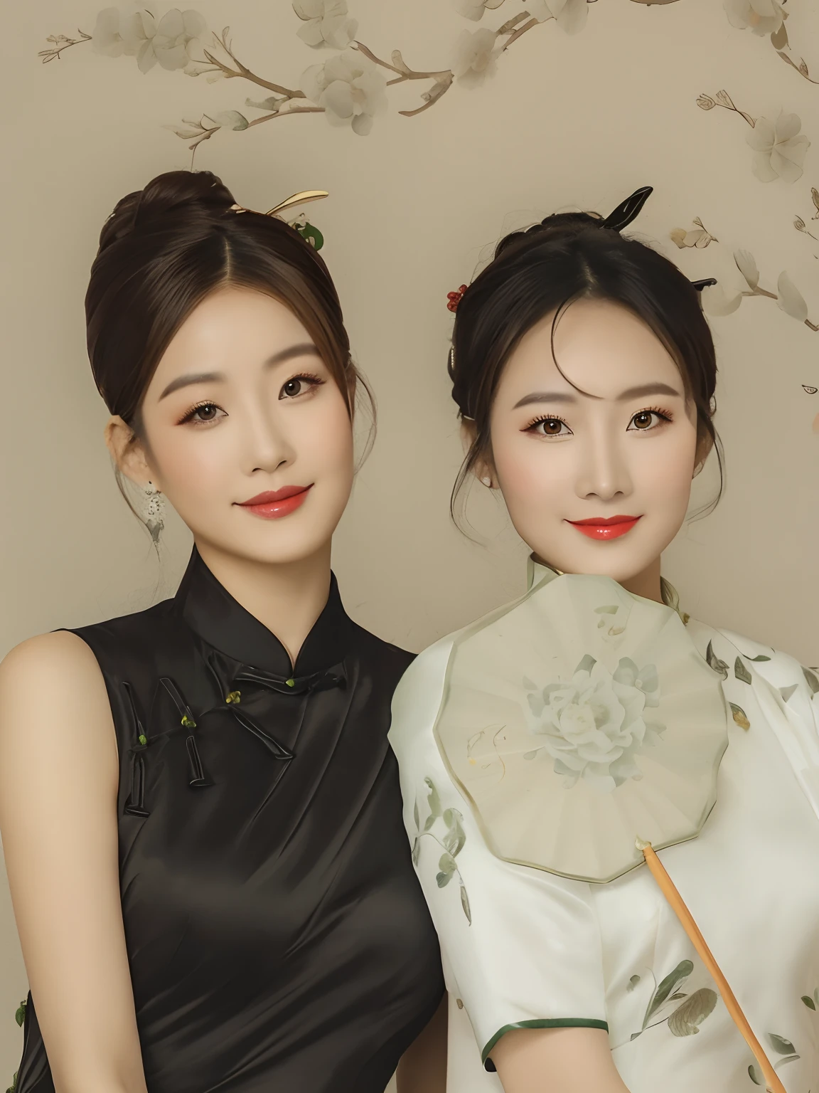 Two Asian women dressed in traditional costumes pose for a group photo, Traditional Chinese clothing, elegant,ellegance,Holding a fan