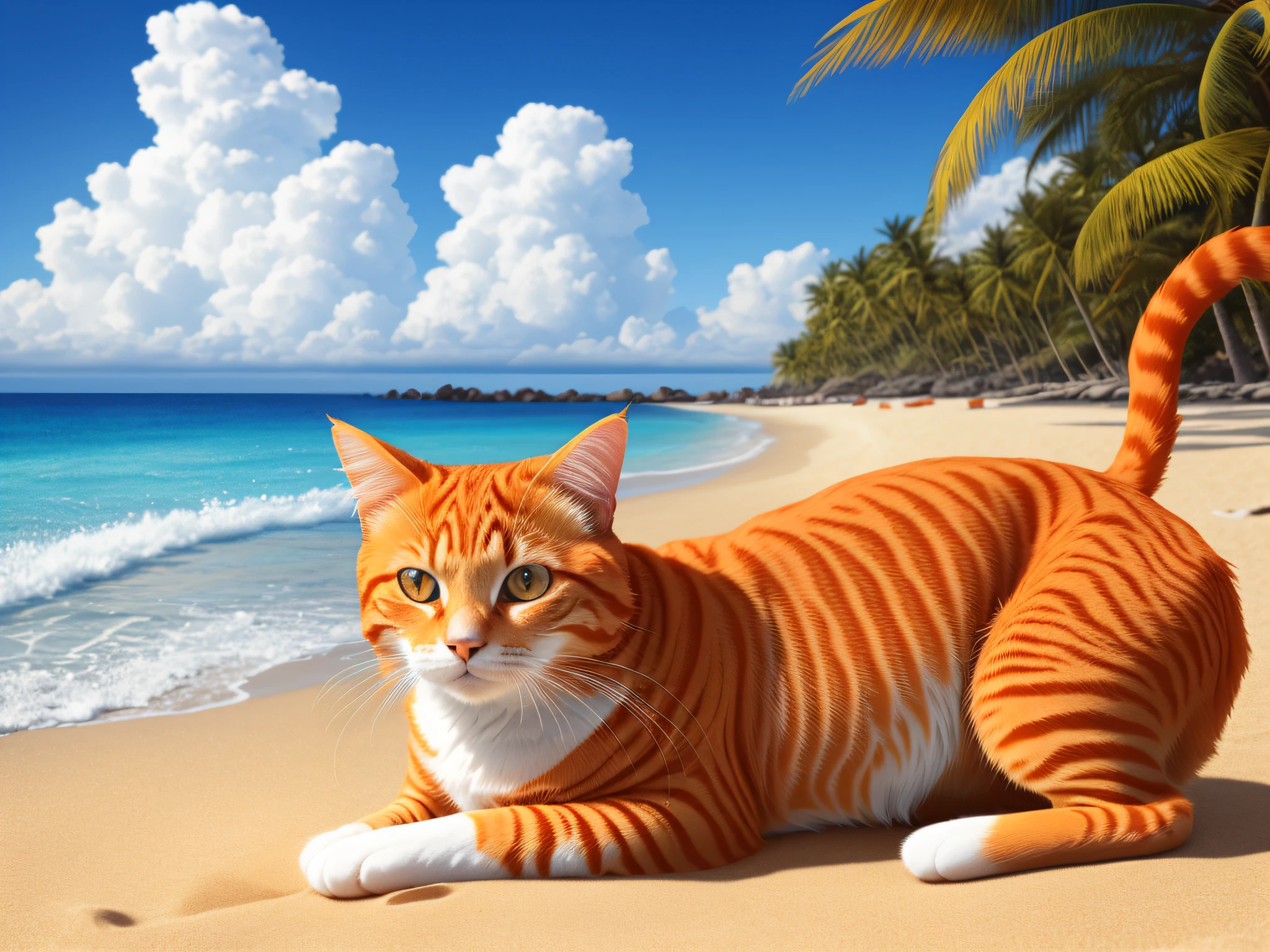 a orange color cat , blue swimsuit,on the beach,sunbath,tanning,a cocktail at hand,intricate,high detail,hyperrealistic,looking at camera,front view