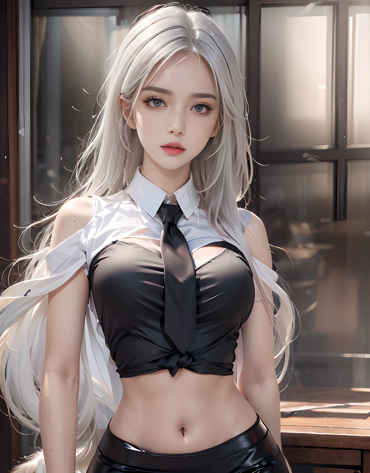 Photorealistic, high resolution, 1 Women, Solo, Waist up, Beautiful eyes, Close lips, Detailed face, White hair, Long hair, Collared shirt, black necktie,Black skirt, pencil skirts, Fur coat, Stockings
