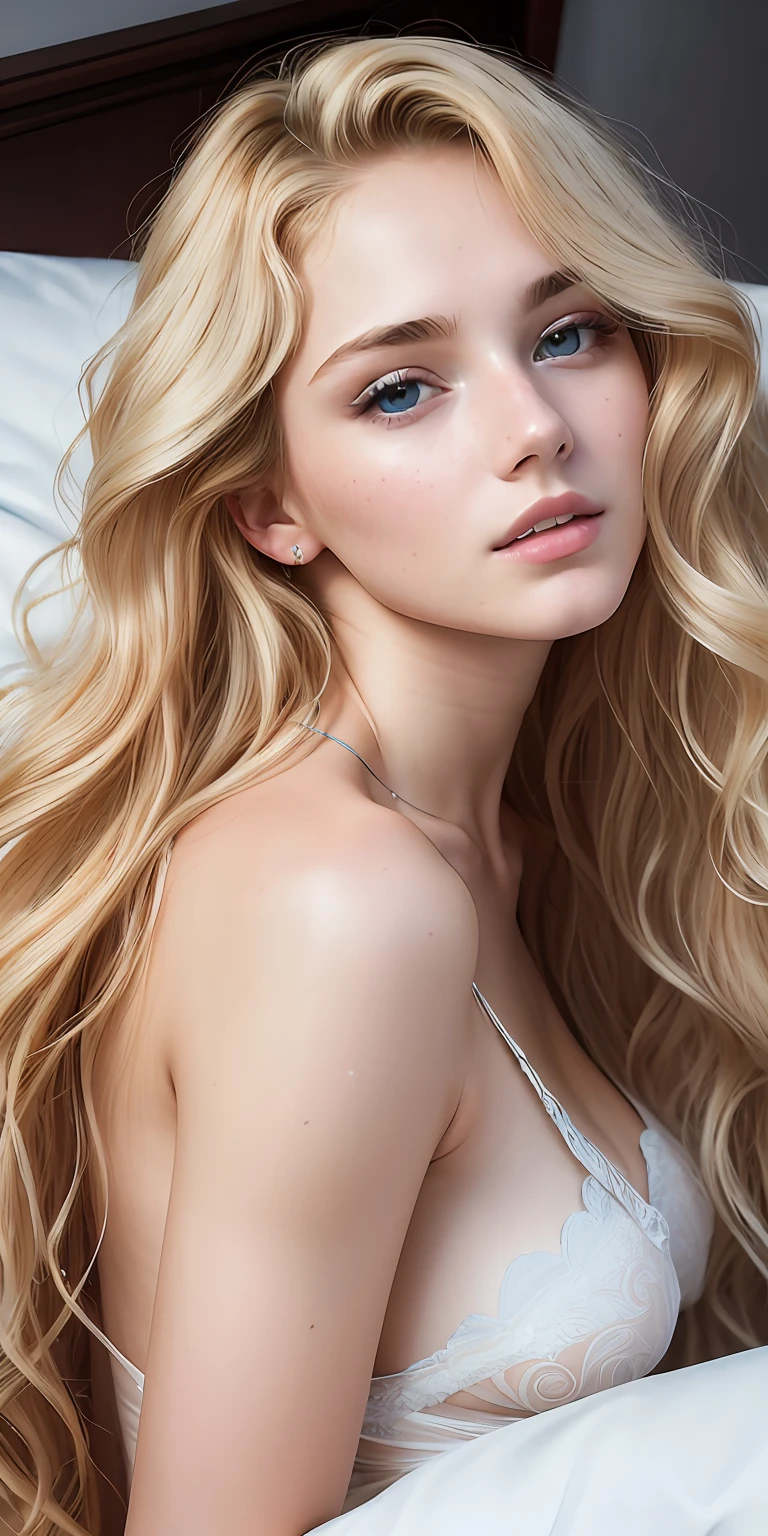 Photo of a 17-year-old European girl, raw, Beautiful woman, (Extra long wavy blonde hair), ((Portrait)), ((Detailed face:1.2)), ((detailed facial features)), (finely detailed skin), pale skin, Naked, Wrapped in a sheet, Bedroom environment, lying on bed, (cold color), moist, moist, Reflectors, (masutepiece) (perfectly proportions)(photos realistic)(Best Quality) (Detailed) photographed in a Canon EOS R5, 50mm Lens, F/2.8, nffsw, (8K) (Wallpaper) (Cinematic lighting) (Dramatic Lighting) (Sharp Focus) (Convoluted) Fashion, From above