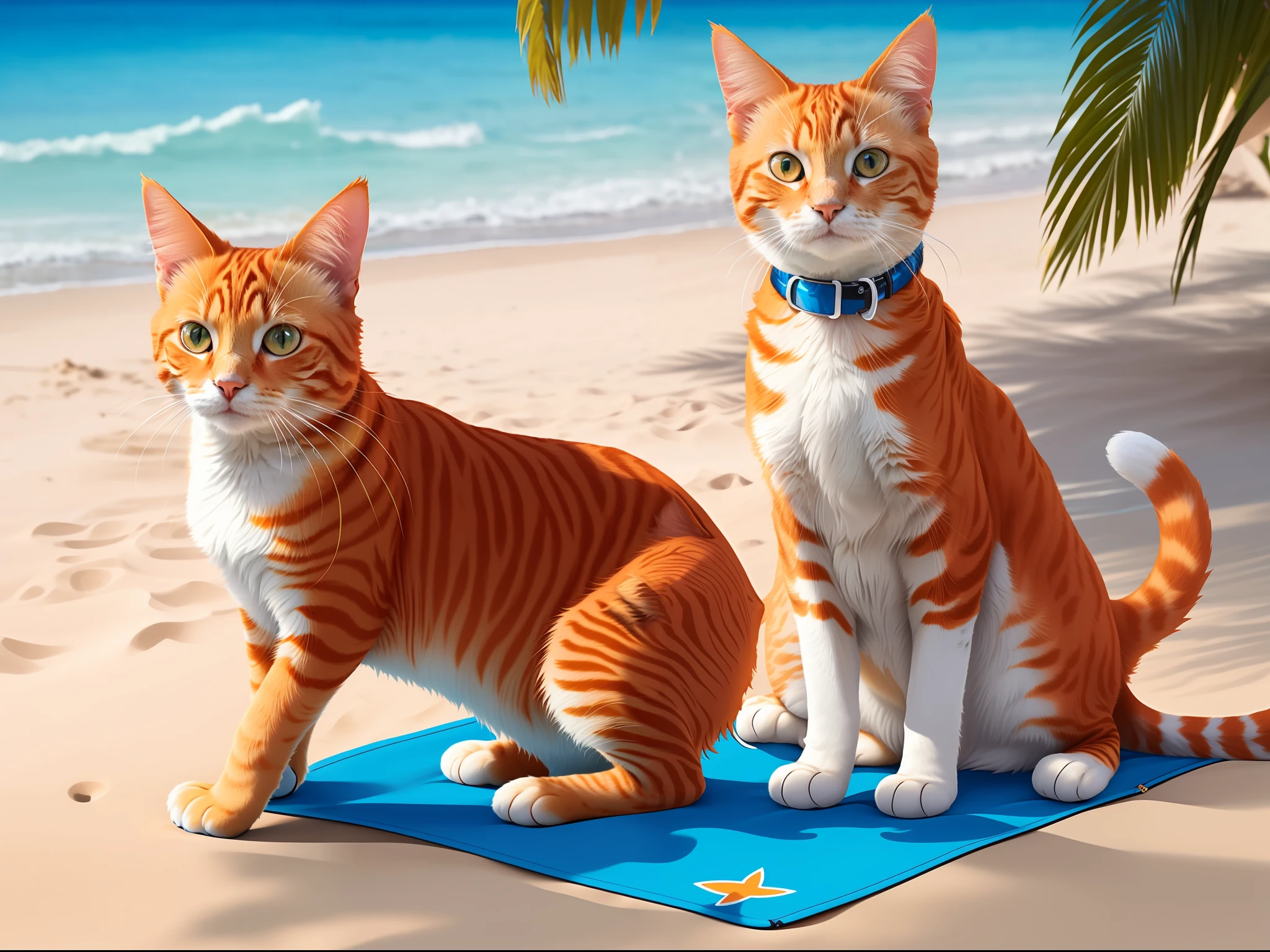 a orange color cat , blue swimsuit,on the beach,sunbath,tanning,a cocktail at hand,intricate,high detail,hyperrealistic,looking at camera,front view