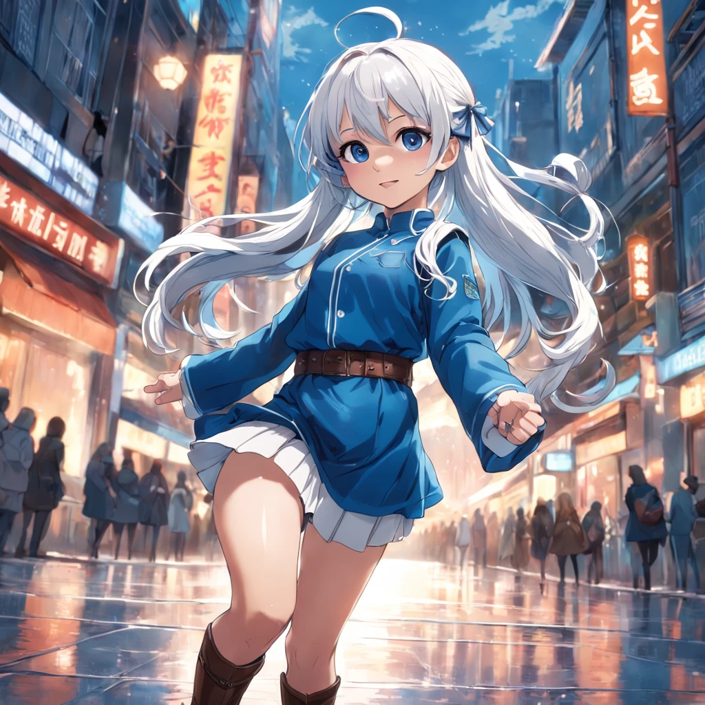 top quality, very delicate and beautiful, girl, 11 years old, (dark brown hair), blue clothes with vertical buttons, belt at the waist, white skirt, (ponytail)), (white hair band), (brown boots), blue eyes, standing, smile,