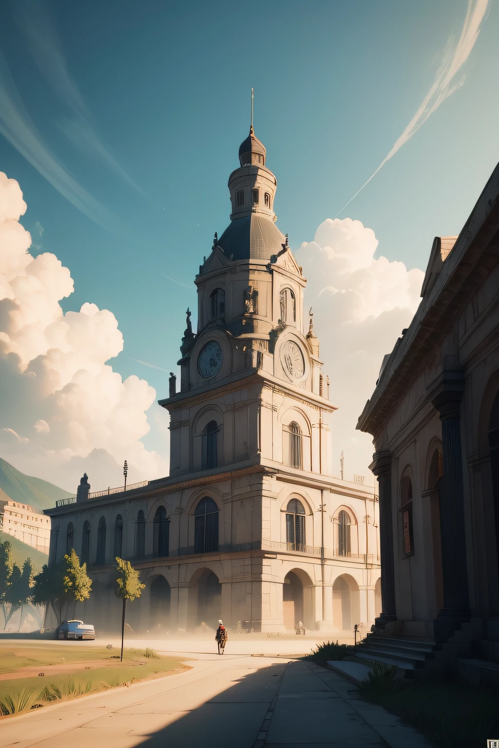 nohuman, illustration, photoreal, live action, Masterpiece, best quality, Fantastic, baroque architecture background, medieval city, tower, ruins, collapse, severe weathering, distant view