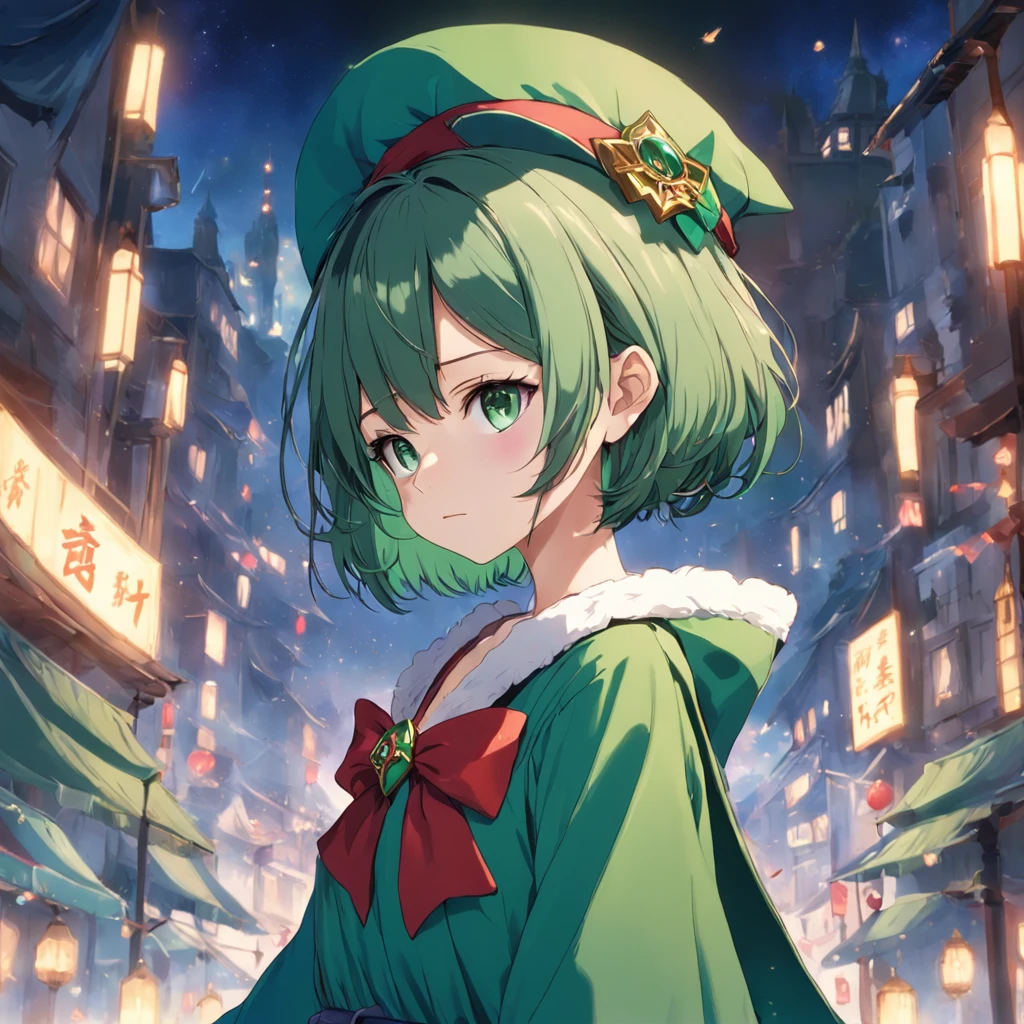 top-quality、extremely delicate and beautiful、((A teenage girl))、Green eyes、Small breasts、Short hair、Brown hair mixed in、Short hair、(Green Wizard Hat)、（a large blue ribbon on the head）Soio、Green clothing、long-sleeve、Red brooch on the neck、((Blue wizard robe dressed in green))、Standing