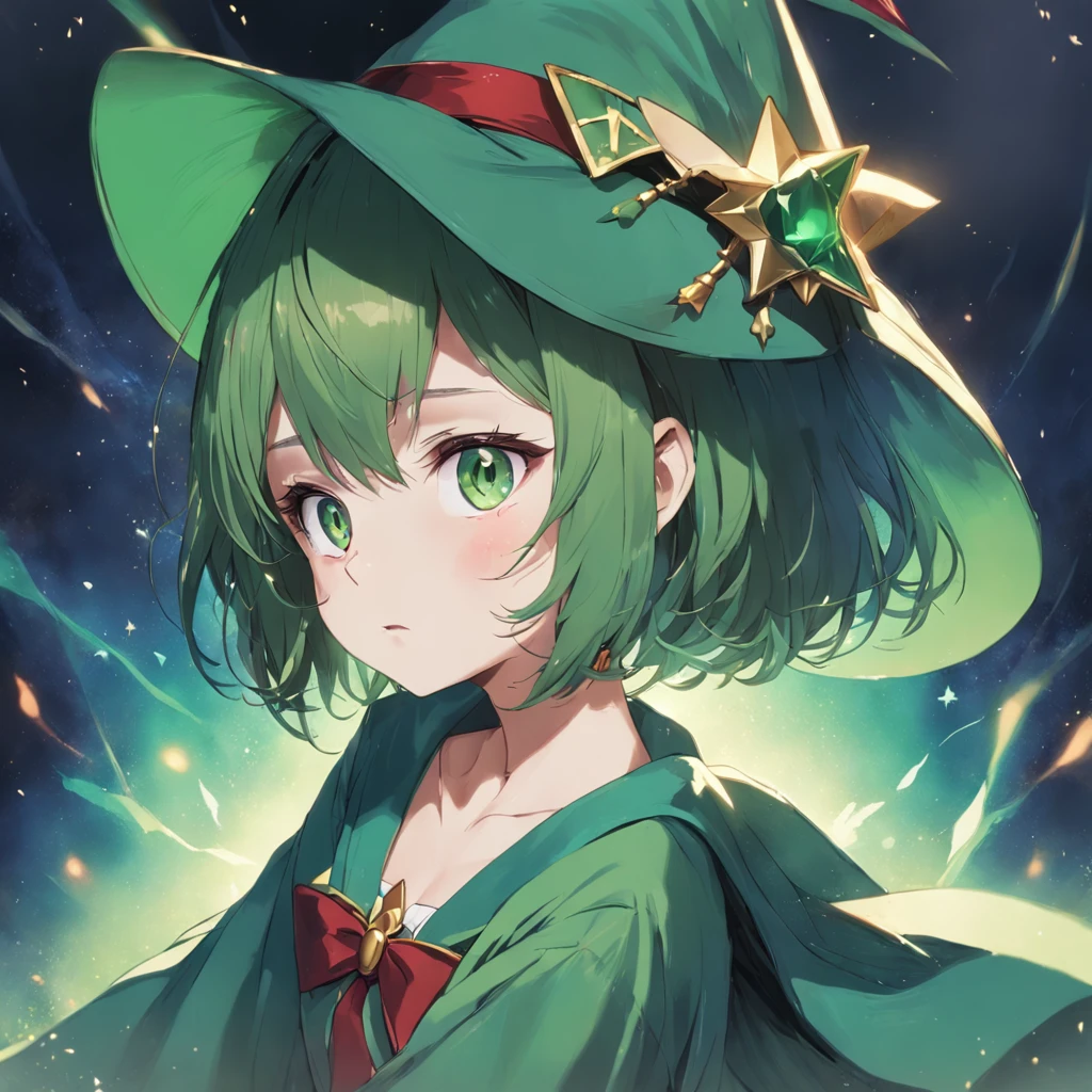 top-quality、extremely delicate and beautiful、((A ))、Green eyes、Small breasts、Short hair、Brown hair mixed in、Short hair、(Green Wizard Hat)、(a large blue ribbon on the head)Soio、Green clothing、long-sleeve、Red brooch on the neck、((Blue wizard robe dressed in green))、Standing