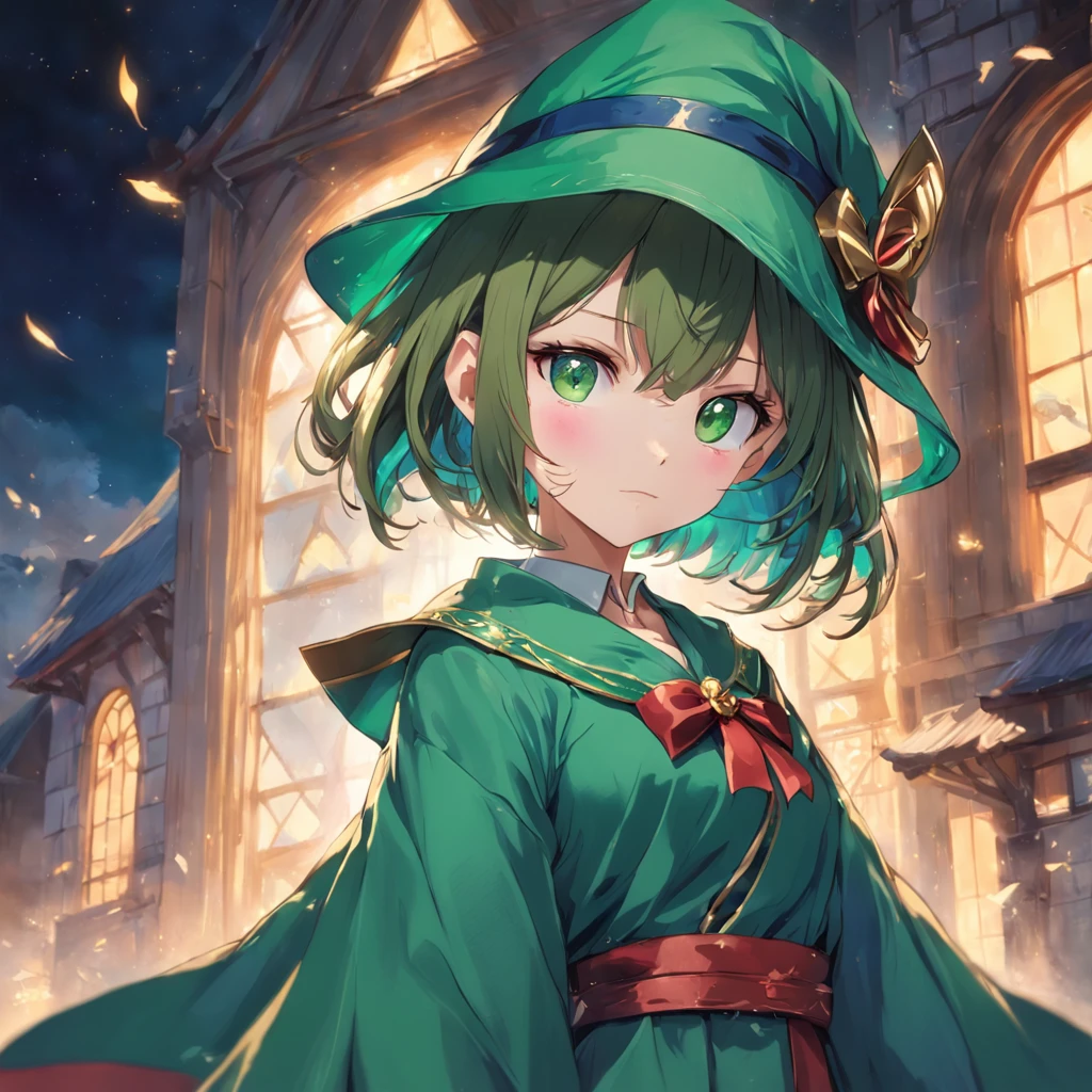 top-quality、extremely delicate and beautiful、((A teenage girl))、Green eyes、Small breasts、Short hair、Brown hair mixed in、Short hair、(Green Wizard Hat)、（a large blue ribbon on the head）Soio、Green clothing、long-sleeve、Red brooch on the neck、((Blue wizard robe dressed in green))、Standing