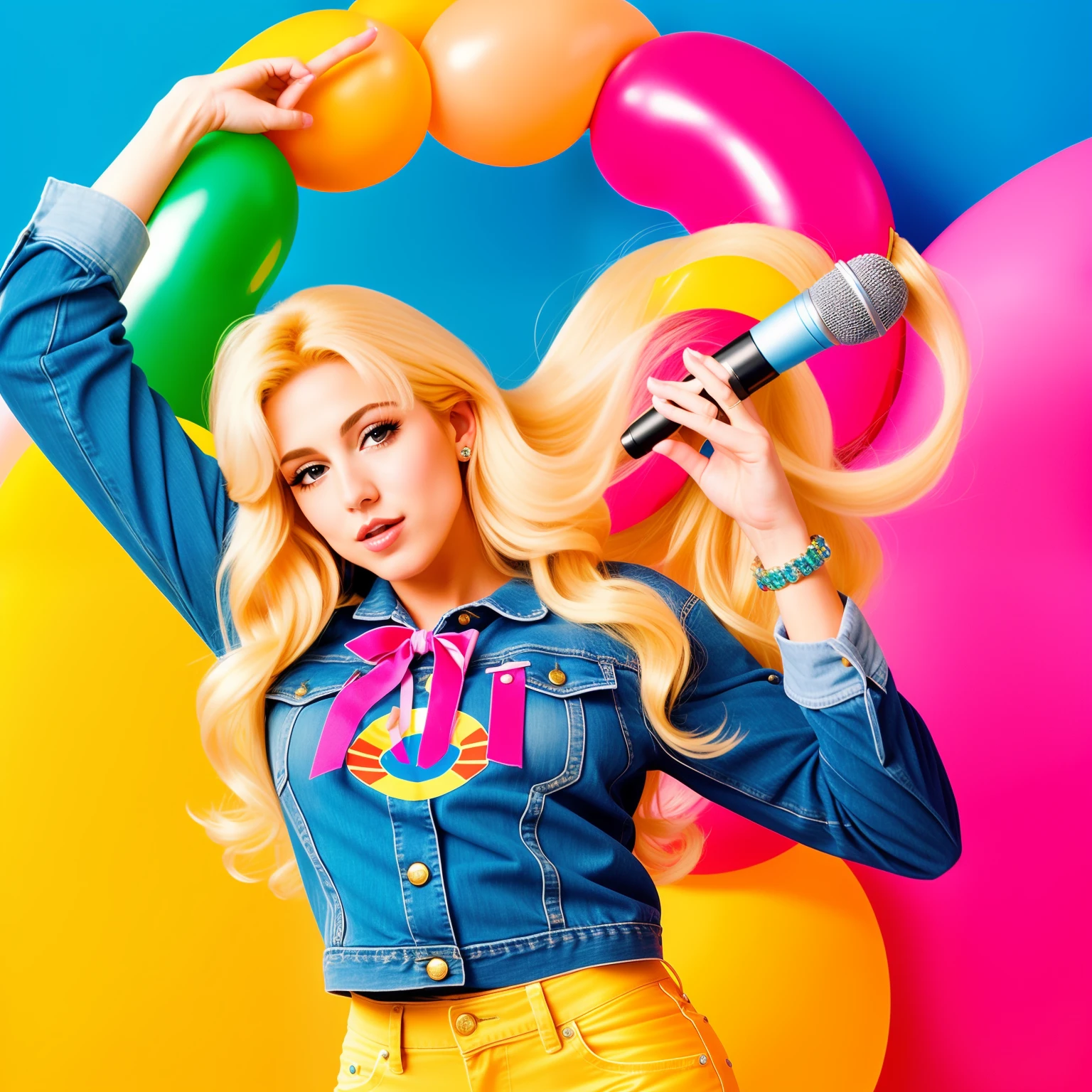 "(Mature and realistic portrayal:1.2) Sailor Moon exuding confidence as she holds a microphone, her blonde hair cascading down, adorned in stylish rainbow denim clothes from the 2000s, with a backdrop filled with donuts."