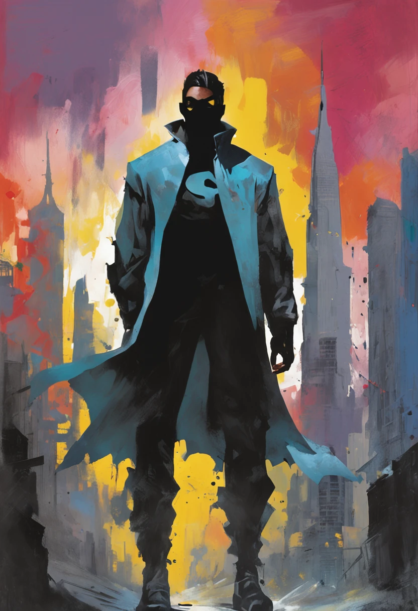 a -yeld maith light blue hair and black eyes, wears a black superhero outfit similar to a spy uniform with a tattered yellow cape, an aura of shadows appears behind him, his back on top of a building and is watching a city in ruins, anime, novel cover