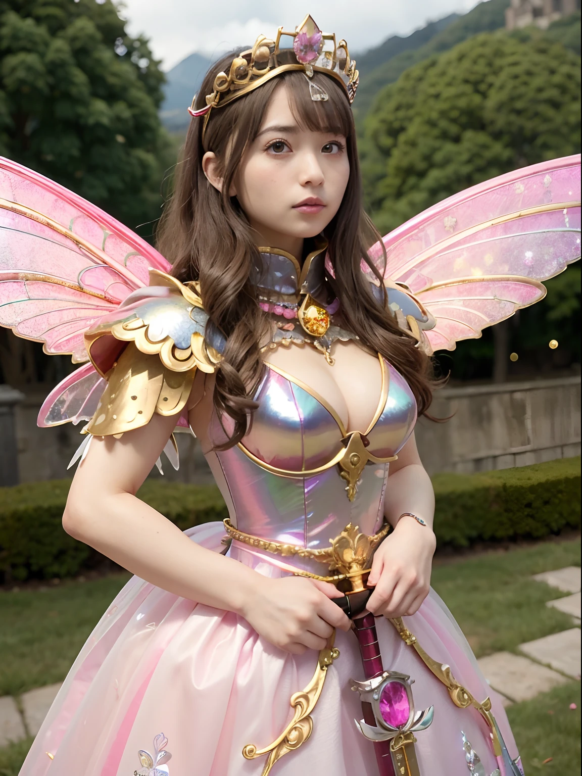 (masutepiece), Professional , ​masterpiece、top-quality、photos realistic , depth of fields （Gemstone Silver Metal Body:1.９),(Matte Pink、Jewel Gold Weapon、（Gorgeous castle background）、（ultimate beauty girl）、（Iridescent fairy wings grow on the back）、（Jewel Metal Body:1.９),Gorgeous Jewel Metal Weapons , Detailed Sword of the Brave ,（ a blond）   ,warhammer 40k , adepta sororitas,Detail and ornate jewel crown、独奏、Brown hair、（Gangle's forest background）、Beautiful Caucasian beauty、１a person、dynamic ungle,(((Diamond tiara with detail and luxury)))、a small face、Graceful pose、（Gorgeous castle background）、huge filesize、20 year old beautiful woman、Stand in the center of the screen、Thin female fingers、Straight long hair、Beautiful Caucasian beauty、Valley、Hair is the wind、a smile、