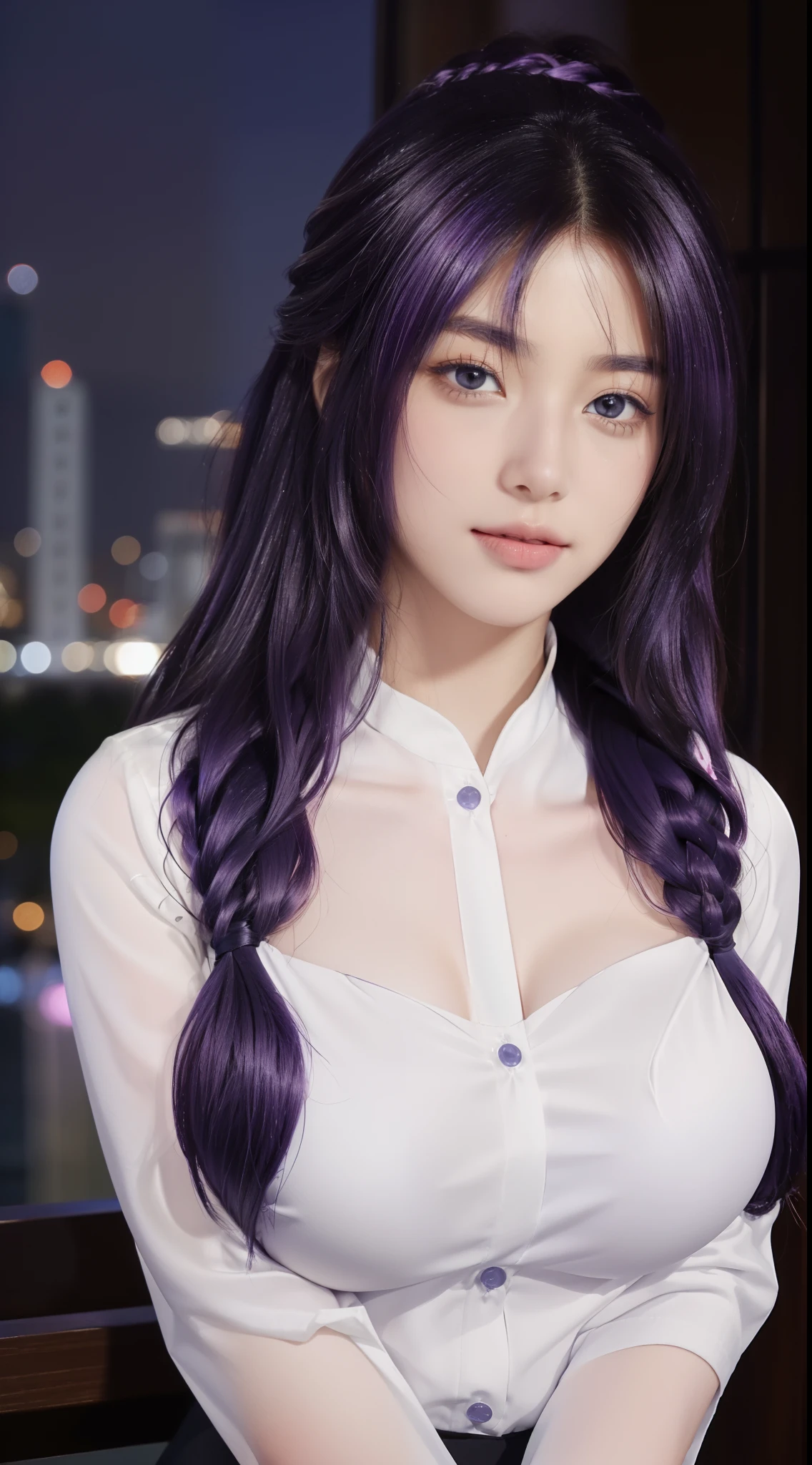 (Night:1.7), Japan, Tokyo, CityView, Before Window,
Standing at attention,
White uniform, Shirt, long sleeves , Pants,
Purple_hair, Brown_eyes,Long_hair,single braid,
1 girl, 20yo,Young female,Beautiful Finger,Beautiful long legs,Beautiful body,Beautiful Nose,Beautiful character design, perfect eyes, perfect face,expressive eyes,
looking at viewer, in the center of the image,(Upper_body),(Focus on her face),(light_smile:0.5),
official art,extremely detailed CG unity 8k wallpaper, perfect lighting,Colorful, Bright_Front_face_Lighting,shiny skin,
(masterpiece:1.0),(best_quality:1.0), ultra high res,4K,ultra-detailed,
photography, 8K, HDR, highres, absurdres:1.2, Kodak portra 400, film grain, blurry background, bokeh:1.2, lens flare, (vibrant_color:1.2)
(Beautiful,large_Breasts:1.4), (beautiful_face:1.5),(narrow_waist),