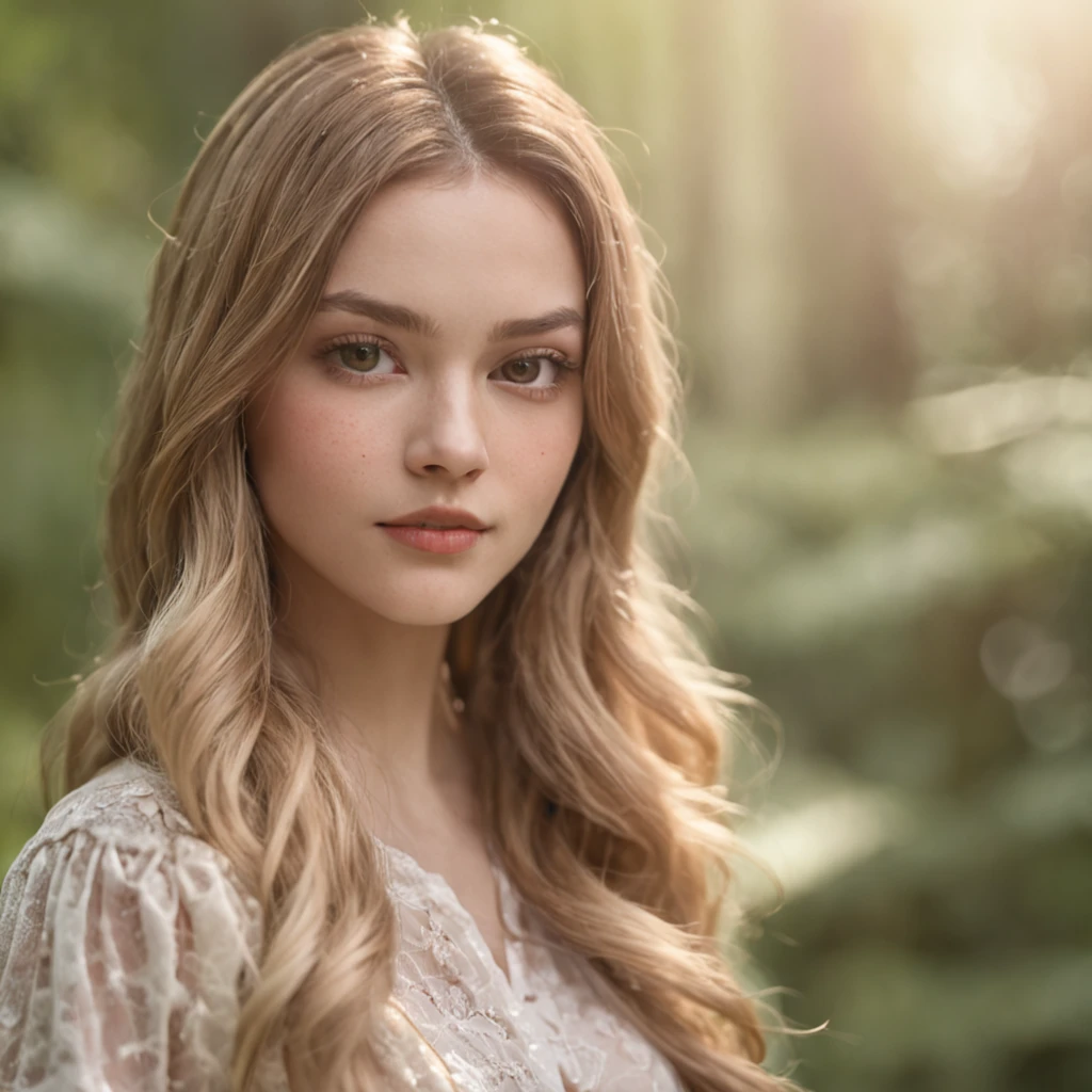 20 year old girl with wavy long blonde hair, large dark brown eyes, And a perfect oval face, Rendered in a photorealistic style with sharp edges and vibrant atmosphere, Stand in a lush forest with a loose shirt and bright sunshine.