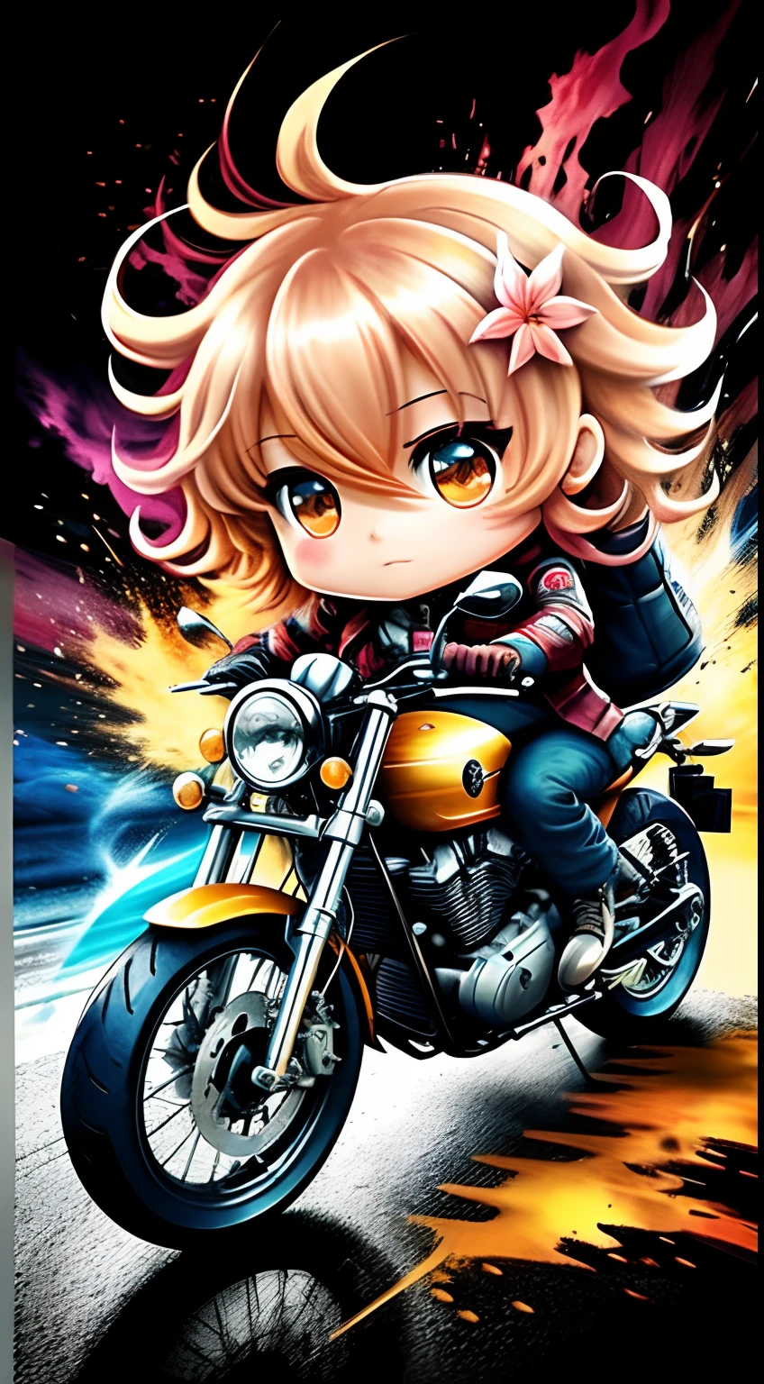 Riding a modified bike、Girl in uniform、Blonde hair color with glitter and sparkles、Have a chain、Black boots、Dark ruins、White mist around the girl、Driving a motorcycle、The skirt flips up and her underwear is visible