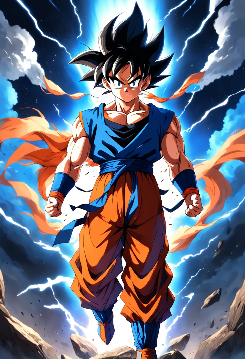 Super Four Goku,at the battlefield,Black shawl hair,Super Blue Goku,at the battlefield,blue hairs,Red hair all over the body