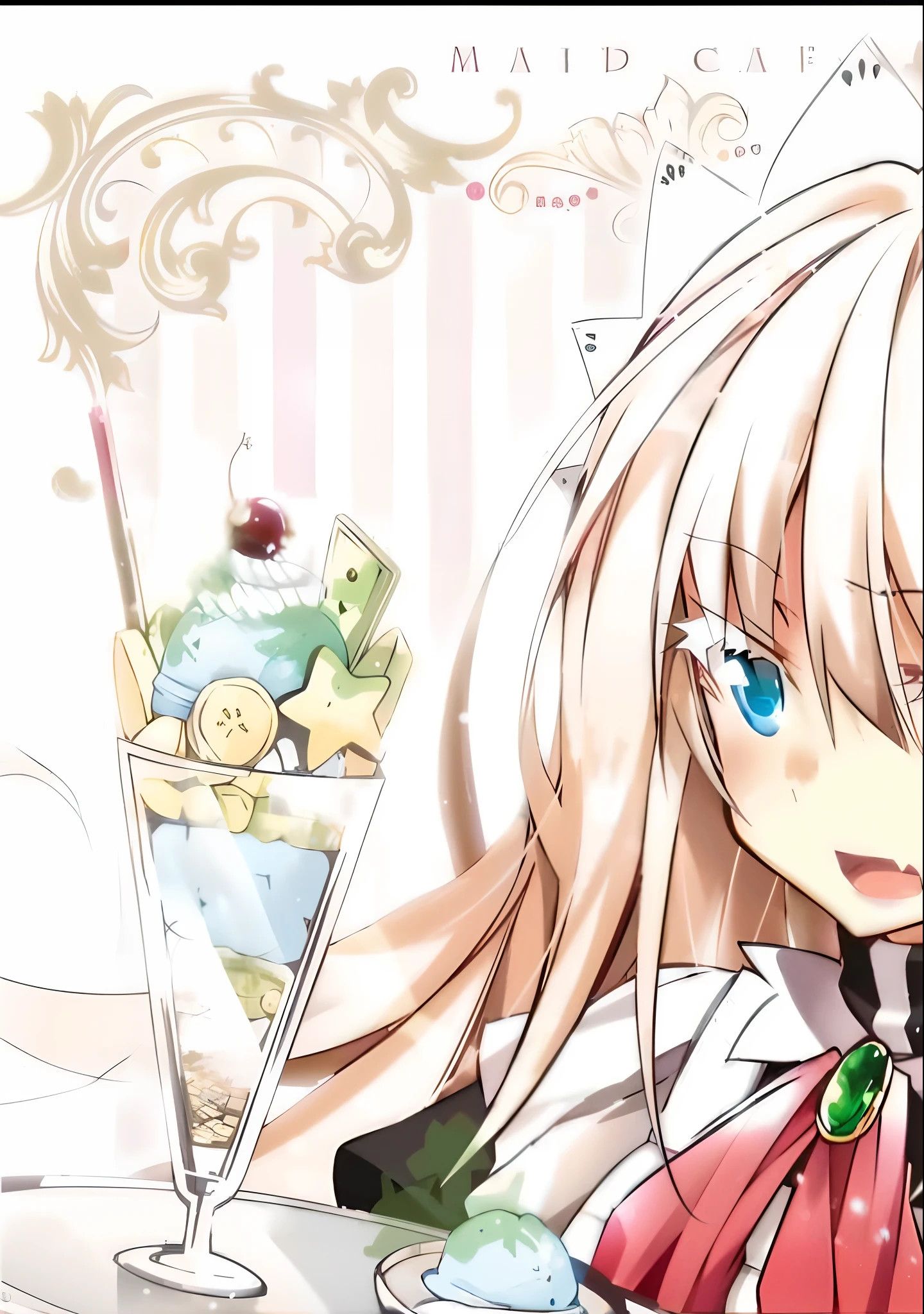 Anime girl with long hair and blue eyes holding a tray and dessert, anime girl in a maid costume, loli in dress, alchemist girl, Splash art anime Loli, anime cat girl in a maid costume, lollipop, small curvaceous loli, Maid outfit, drinking a drink, ( Waitress ) Girl, Loli, anime hi-fructose