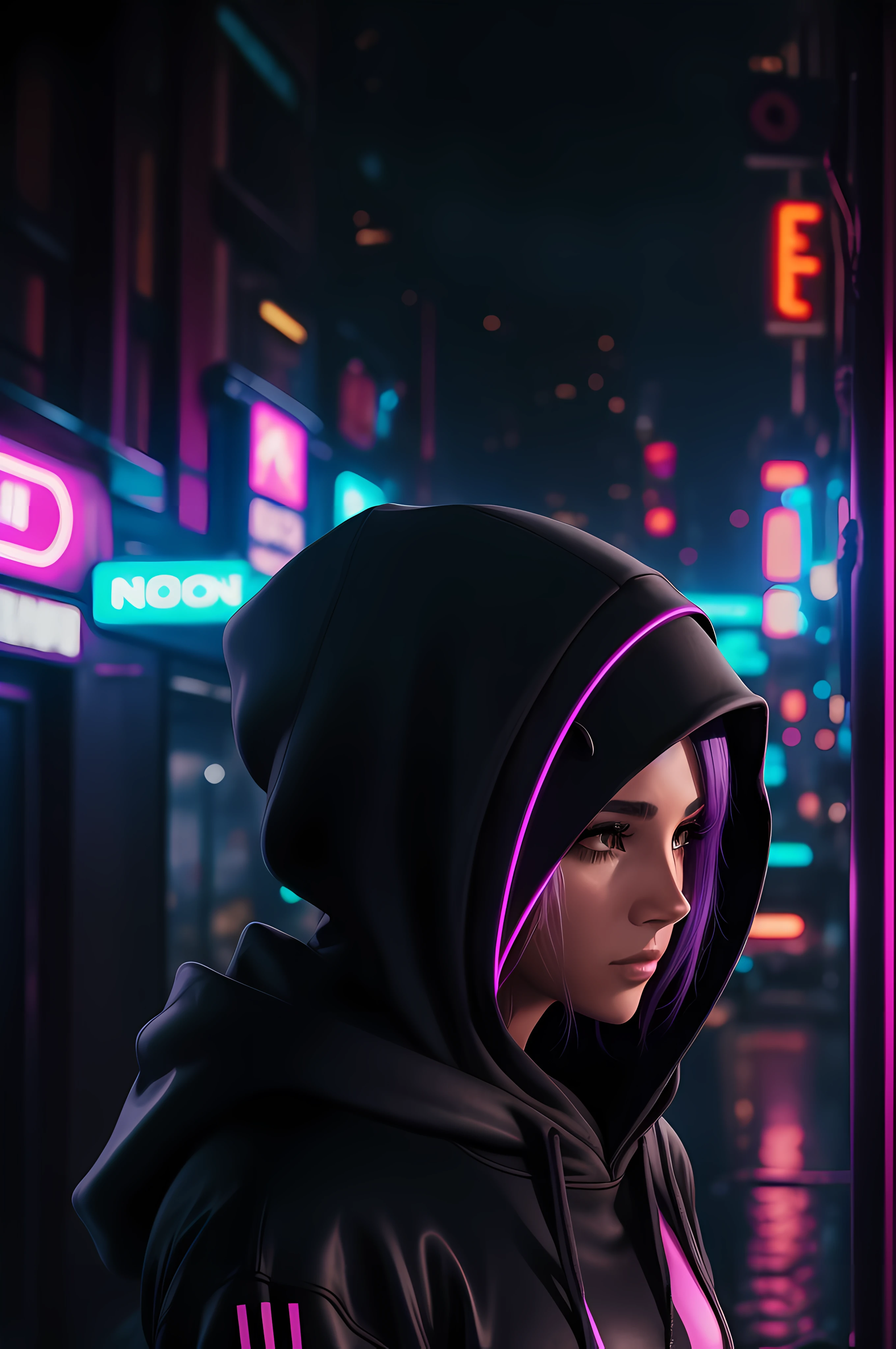 "Woman in a cyberpunk hoodie suit in a city full of neon lights, rodeado de letras. Image must be in 8k resolution, mostrando el cuerpo completo de la mujer desde una vista trasera. Capture the rainy atmosphere with a SONY Alpha A2 camera, garantizando una calidad ultradetallada y UHD."