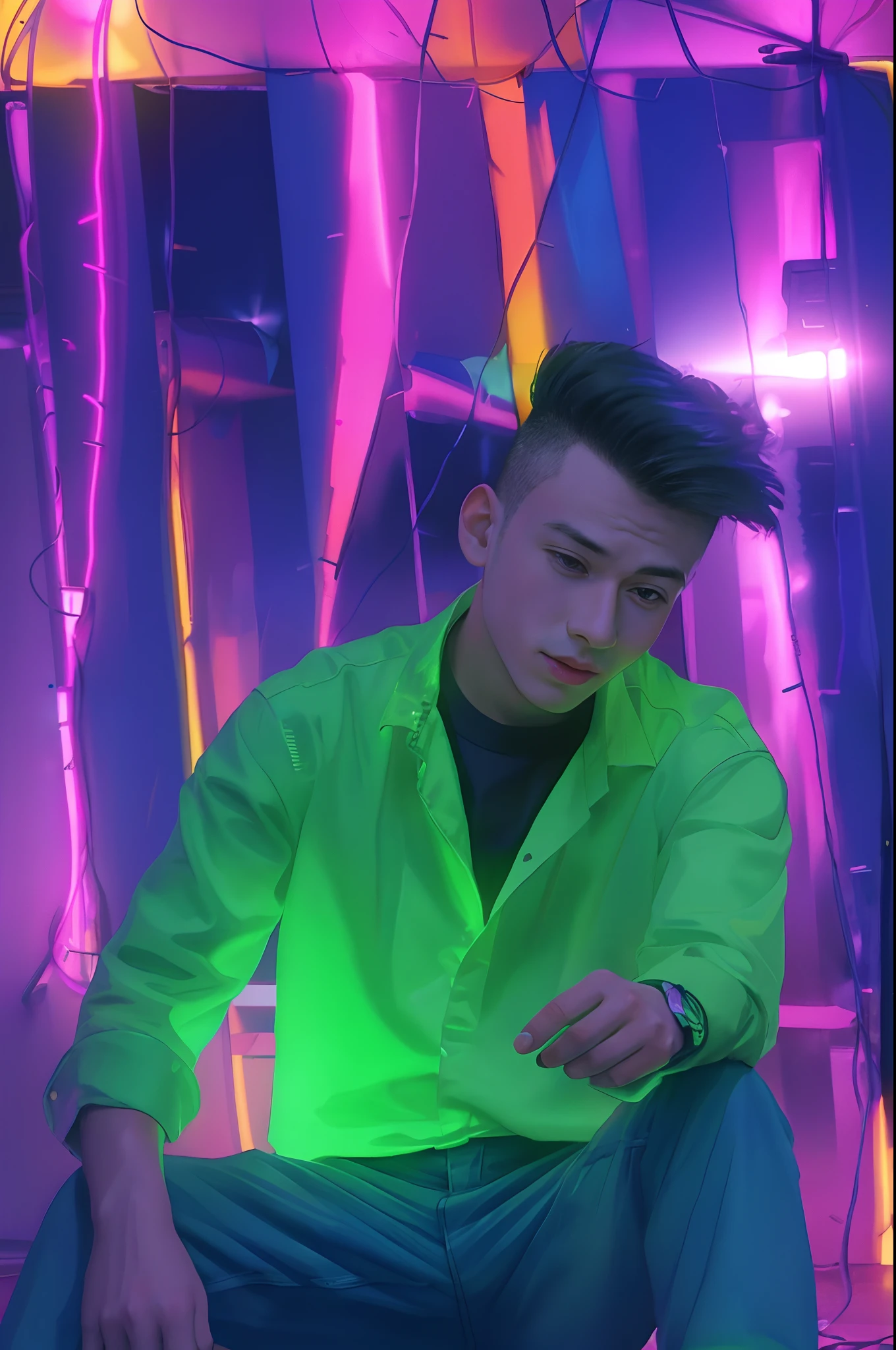 a boy in rollerblades on the dance floor, 80' style, disco ball above, groovy, coolcat, neon colors, neon light, 8k, high quality, 80' style, synthwave