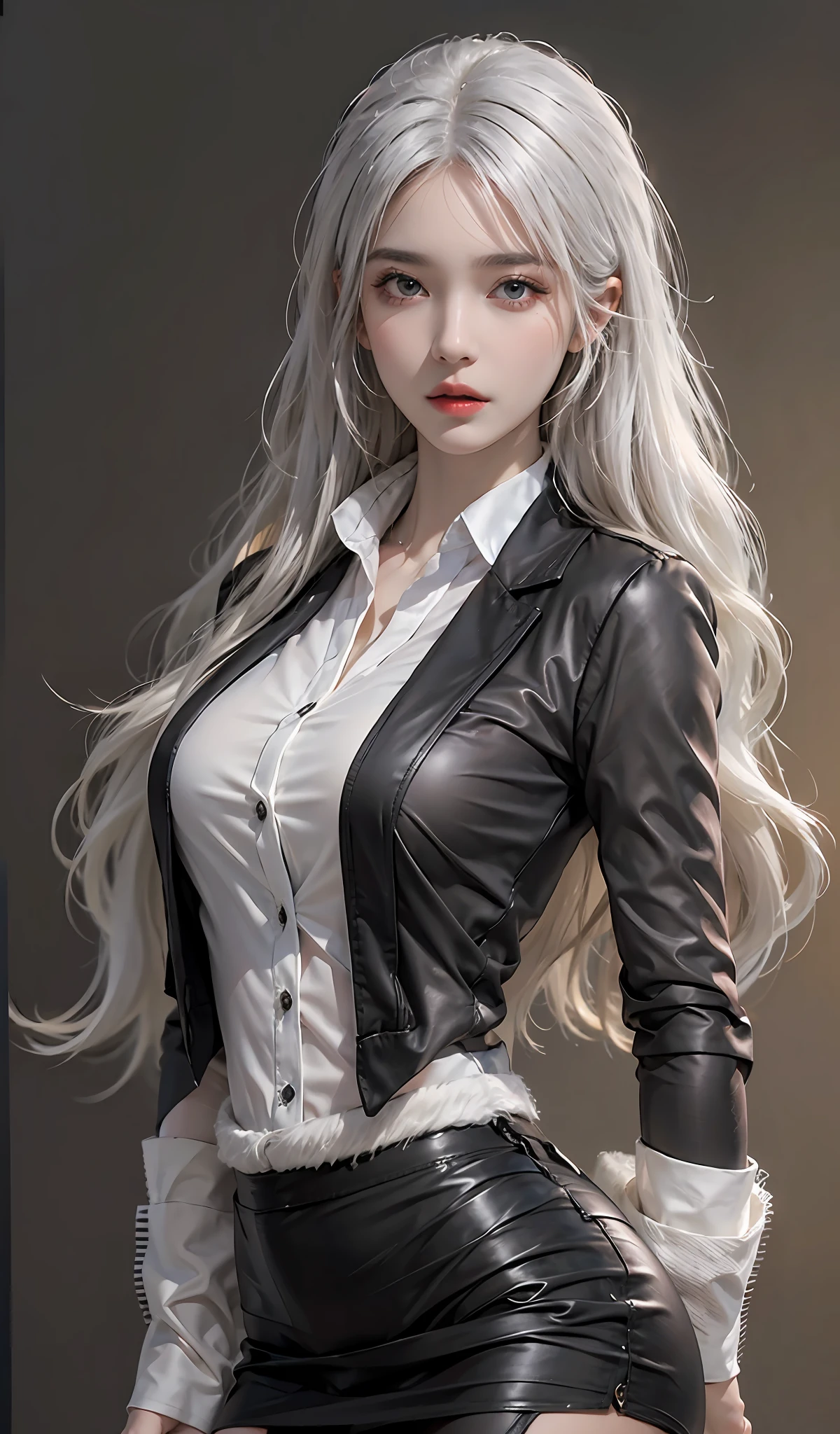 Photorealistic, high resolution, 1 Women, Solo, Hips up, Beautiful eyes, Close lips, Detailed face, White hair, Long hair, Collared shirt, black necktie,Black skirt, pencil skirts, Fur coat, Black stockings