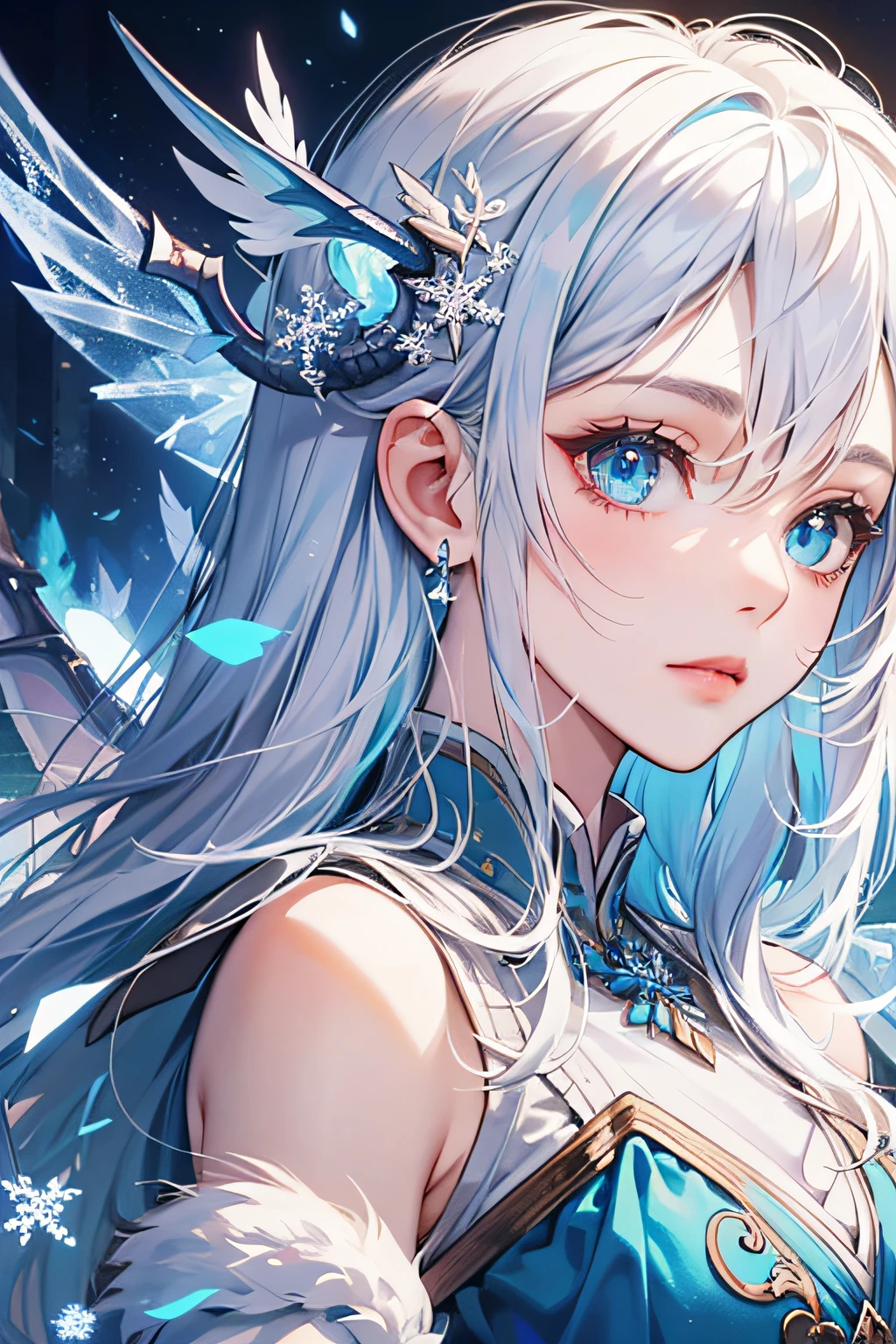 ((best quality)), ((masterpiece)), ((ultra-detailed)), extremely detailed CG, (illustration), ((detailed light)), (an extremely delicate and beautiful), a girl, solo, ((upper body,)), ((cute face)), expressionless, (beautiful detailed eyes), blue dragon eyes, (Vertical pupil:1.2), white hair, shiny hair, colored inner hair, (Dragonwings:1.4), [Armor_dress], blue wings, blue_hair ornament, ice adorns hair, [dragon horn], depth of field, [ice crystal], (snowflake), [loli], [[[[[Jokul]]]] --auto --s2