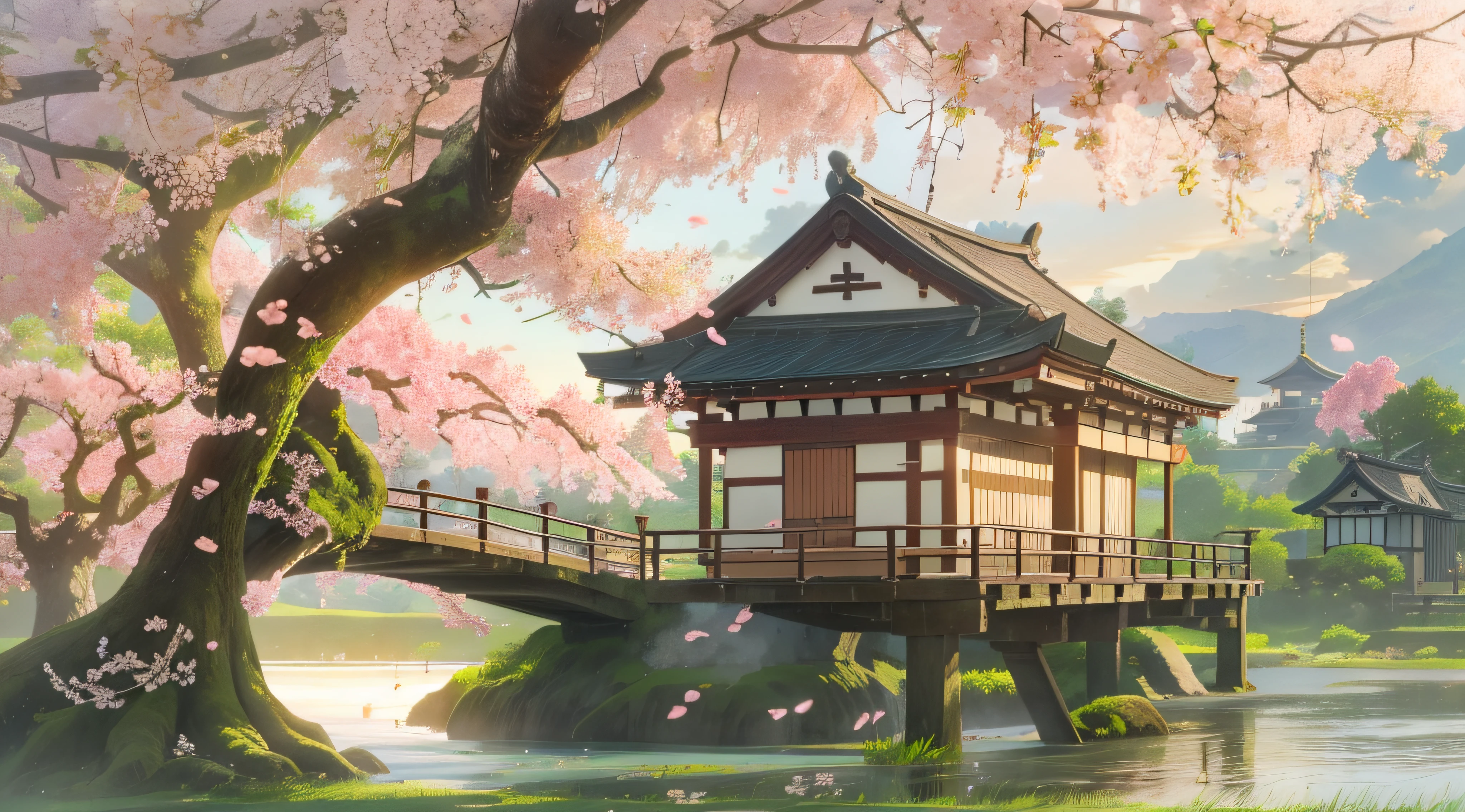 Huge cherry blossom tree，florals，rios，Huge watermill , [(White background:1.5)::5], Medium Shot Shot, butterflys,Petals floating in water,steins,Cloud,setting sun,Dusk,House under the tree，Japanese-style architecture