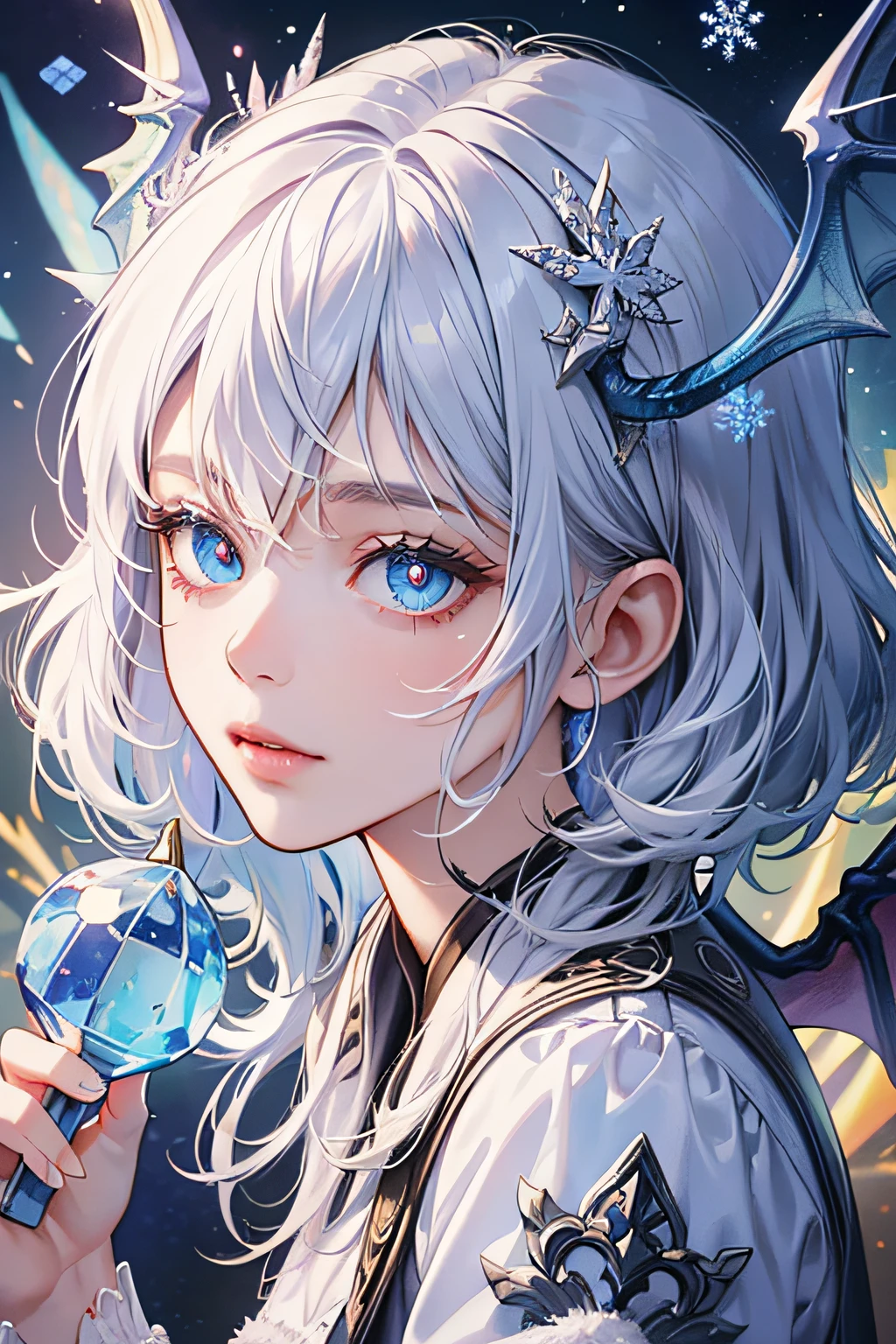 ((best quality)), ((masterpiece)), ((ultra-detailed)), extremely detailed CG, (illustration), ((detailed light)), (an extremely delicate and beautiful), a girl, solo, ((upper body,)), ((cute face)), expressionless, (beautiful detailed eyes), blue dragon eyes, (Vertical pupil:1.2), white hair, shiny hair, colored inner hair, (Dragonwings:1.4), [Armor_dress], blue wings, blue_hair ornament, ice adorns hair, [dragon horn], depth of field, [ice crystal], (snowflake), [li], [[[[[Jokul]]]] --auto --s2