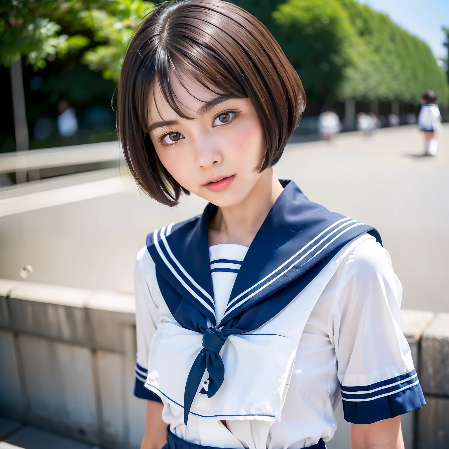 (Solo:1.5), (a detailed full-body RAW photo of a girl), (masutepiece:1.0), (Best Quality:1.4), (超A high resolution:1.2), (Photorealistic:1.4), 8K resolution, Canon EOS R5, 30mm, absurderes, ultra-detailliert, (20yr old), Sharp Focus, Cinematic lighting, Detailed beautiful face, (no-makeup:1.2), (ulzzang -6500-v1.1), petite figure, Detailed skin texture, flat chest, (skinny and fit body:1.6), Detailed brown hair,  sweltering,(Very short hair:1.5), (Japan school uniform, White Sailor Uniform:1.5), ((Gray Pleated Mini Skirt)) See-through, realistic glistening skin, (((take off the skirts))), (half dressed:1.5), (cotton panty)