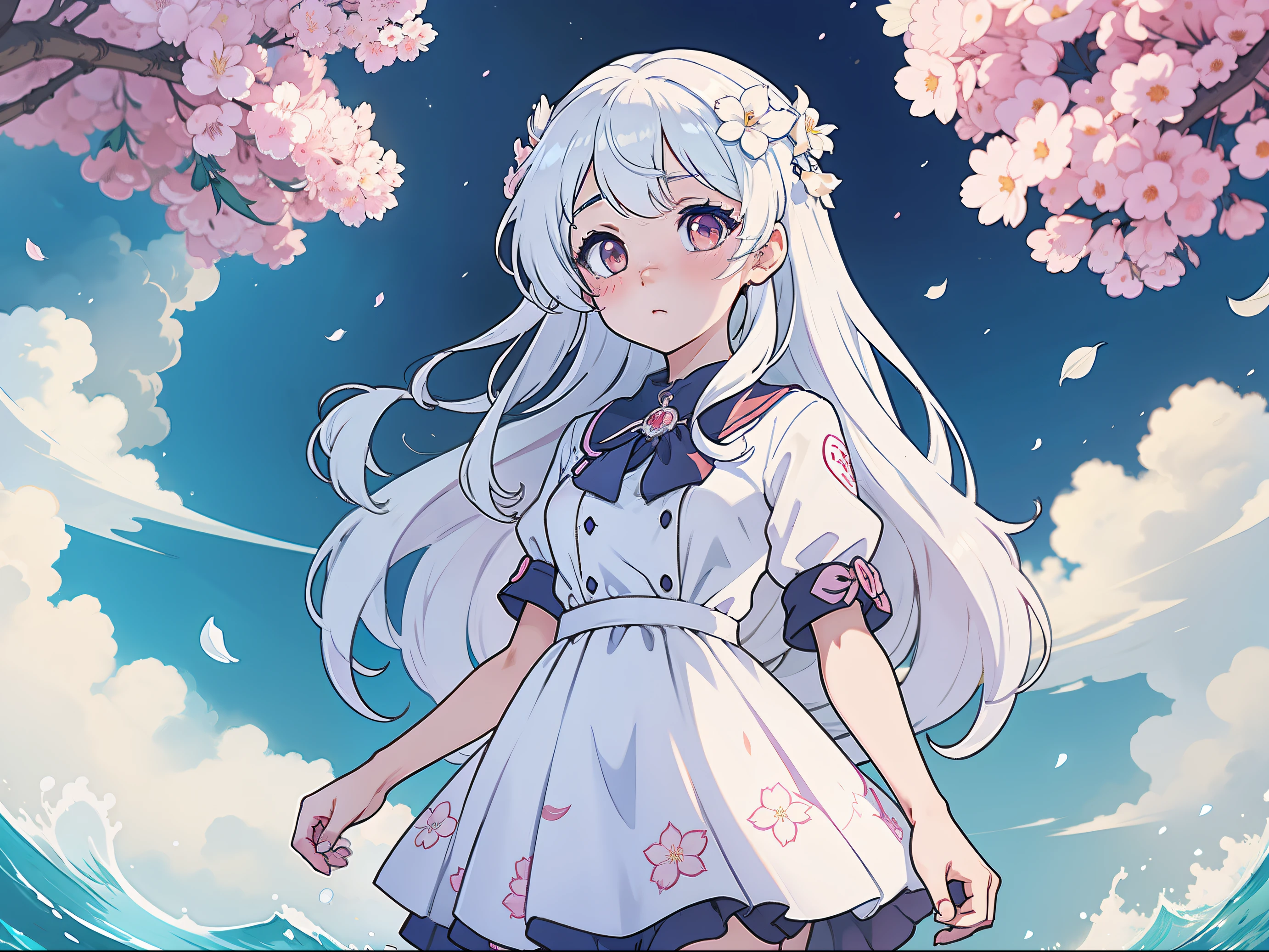 Anime girl standing in a sea of flowers，There are flowers in the hair, white color hair，Beautiful anime girls, [ 4K digital art ]!!, Smooth anime CG art, girl in a dress, seductive anime girls, sakurajima mai, Beautiful anime girl, anime visual of a cute girl, Anime moe art style, cute anime waifu in a nice dress, pretty anime girl