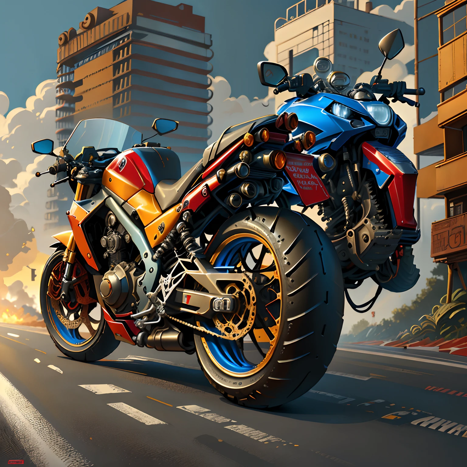 Honda CBR 1000R,Vision Total Mad Max CogPunkAI ,Core 64 K, ((rot,amarelo,Conque ,blue))Conque,4D ,