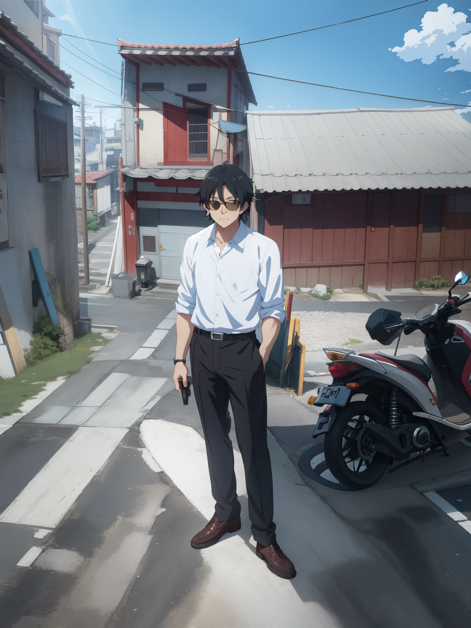 there is a man standing in front of a building with a scooter, wearing black sun glasses, wearing MAROON shirt, standing in a township street, in front of the house, in front of a temple, standing outside a house, with village, HD anime pict, black hair, picture by makoto shinkai art, Kyoto animation studio, same hairstyle, trending on cg society, conceptual art, high quality anime movie still, ultra HD 4k, fine detail, as per image, outdoor, pefect hand, anime style eyes.