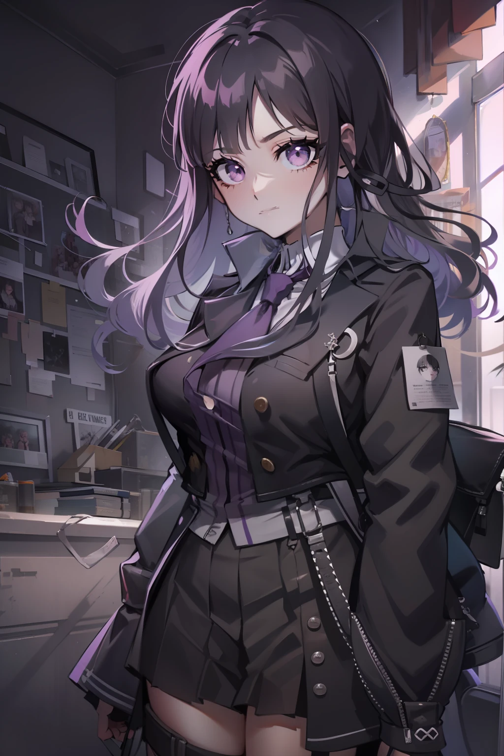 danganronpa，komatsuzaki rui，（Masterpiece）， （the Extremely Detailed CG Unity 8K Wallpapers）， （Extremely refined and beautiful）， （1girll：1.3）， Solo， （Perfect front view：1.3）， （（ultra - detailed））， illustratio， hair between eye， afloat， finely detailled， （The upper part of the body）， （Looking_at_peeping at the viewer：1.2）， （Danganronpa （styled））， （Danganronpa （styled）：10.0），（（Black military uniform））， （（Black shirt））， black short skirt， （Closed jacket）， （black_upper legs））， （Long white hair：1.5）， （Purple eye：1.2）， （shairband），（hair straight：1.4），（Light smile：1.5），（court room），standing on your feet，（simplebackground：1.4），Standing CG，GameCG，Perfect hands，Humanity，Danganronpa,Beautiful hands,Beautiful eyes