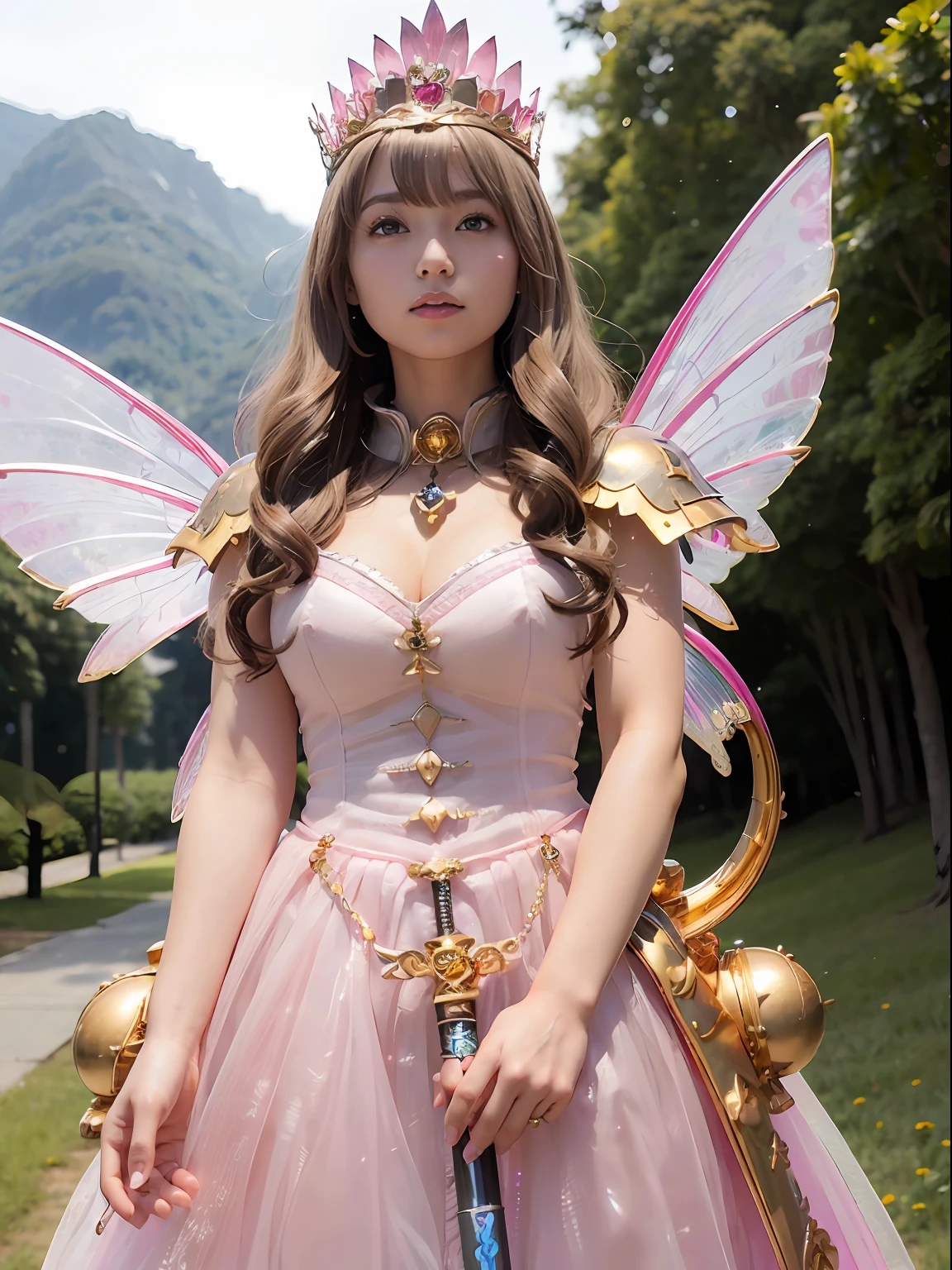 (masutepiece), Professional , masterpiece、top-quality、photos realistic , depth of fields (Gemstone Silver Metal Body:1.9),(Matte Pink、Jewel Gold Weapon、(Gorgeous castle background)、(ultimate beauty girl)、(Iridescent fairy wings grow on the back)、(Jewel Metal Body:1.9),Gorgeous Jewel Metal Weapons , Detailed Sword of the Brave ,( a blond) ,warhammer 40k , adepta sororitas,Detail and ornate jewel crown、独奏、Brown hair、(Gangle's forest background)、Beautiful Caucasian beauty、1a person、dynamic ungle,(((Diamond tiara with detail and luxury)))、a small face、Graceful pose、(Gorgeous castle background)、huge filesize、20 year old beautiful woman、Stand in the center of the screen、Thin female fingers、Straight long hair、Beautiful Caucasian beauty、Valley、the wind、A smile、