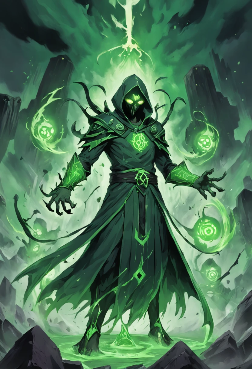 a shadow spirit in League of Legends, its translucent, spectral appearance is enveloped in a green aura. He wears a dark cloak and torn tunic, adorned with heavy chains, and carries a lantern that captures souls. Your face is an empty mask with a macabre smile, highlighting their sinister presence and graceful movements across the battlefield.






