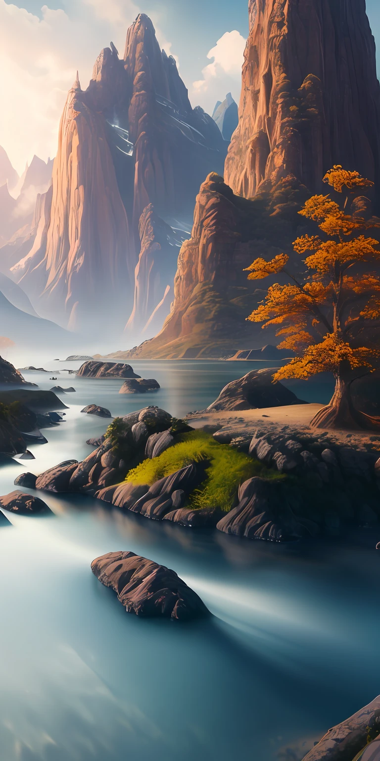 masterpiece, best quality, high quality, extremely detailed CG unity 8k wallpaper, scenery, outdoors, sky, cloud, day, no humans, mountain, landscape, water, tree, blue sky, waterfall, cliff, nature, lake, river, cloudy sky,award winning photography, Bokeh, Depth of Field, HDR, bloom, Chromatic Aberration ,Photorealistic,extremely detailed, trending on artstation, trending on CGsociety, Intricate, High Detail, dramatic, art by midjourney