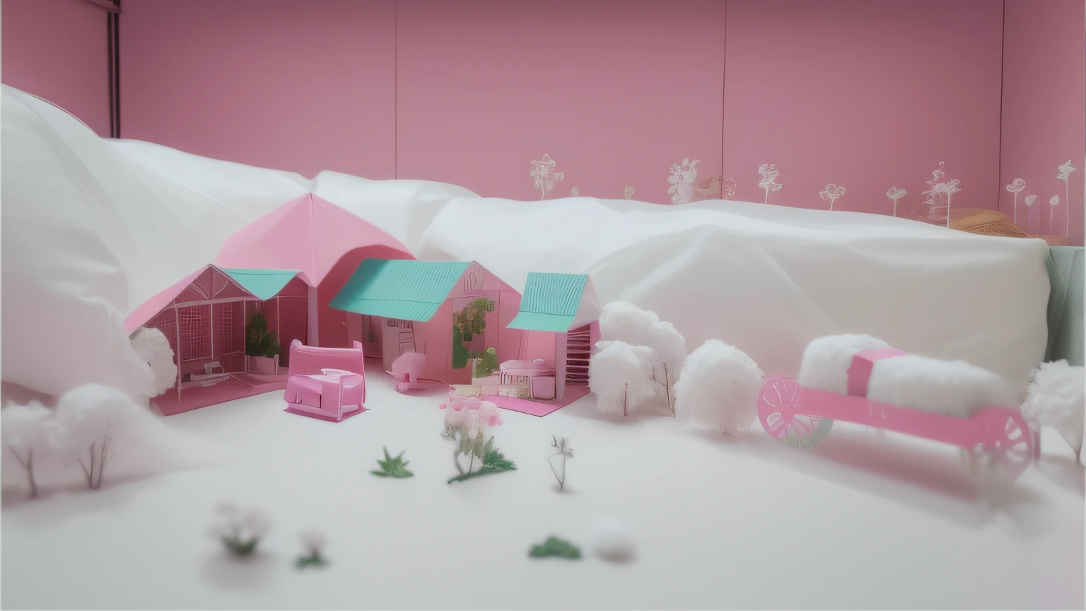 White cotton model. Cotton plants. Cotton trees in model. Cotton floor. Pink cardboard farm. Pink cardboard. Pink cardboard box. Pink cardboard. Madeiras cor de rosa. Cogumelos na maquete. Cogumelos na fazenda.