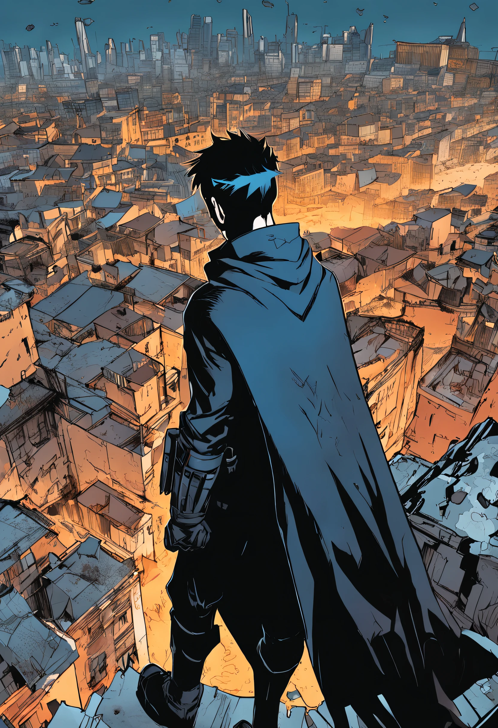 a 15-year-old man with blue hair and black eyes, wears a black superhero outfit similar to a spy uniform with a tattered yellow cape, an aura of shadows appears behind him, his back on top of a building and is watching a city in ruins, anime, novel cover