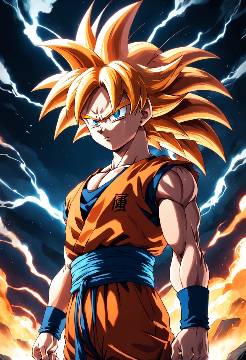 Super Four Goku，at the battlefield，Long hair with black shawl，Red hair all over the body